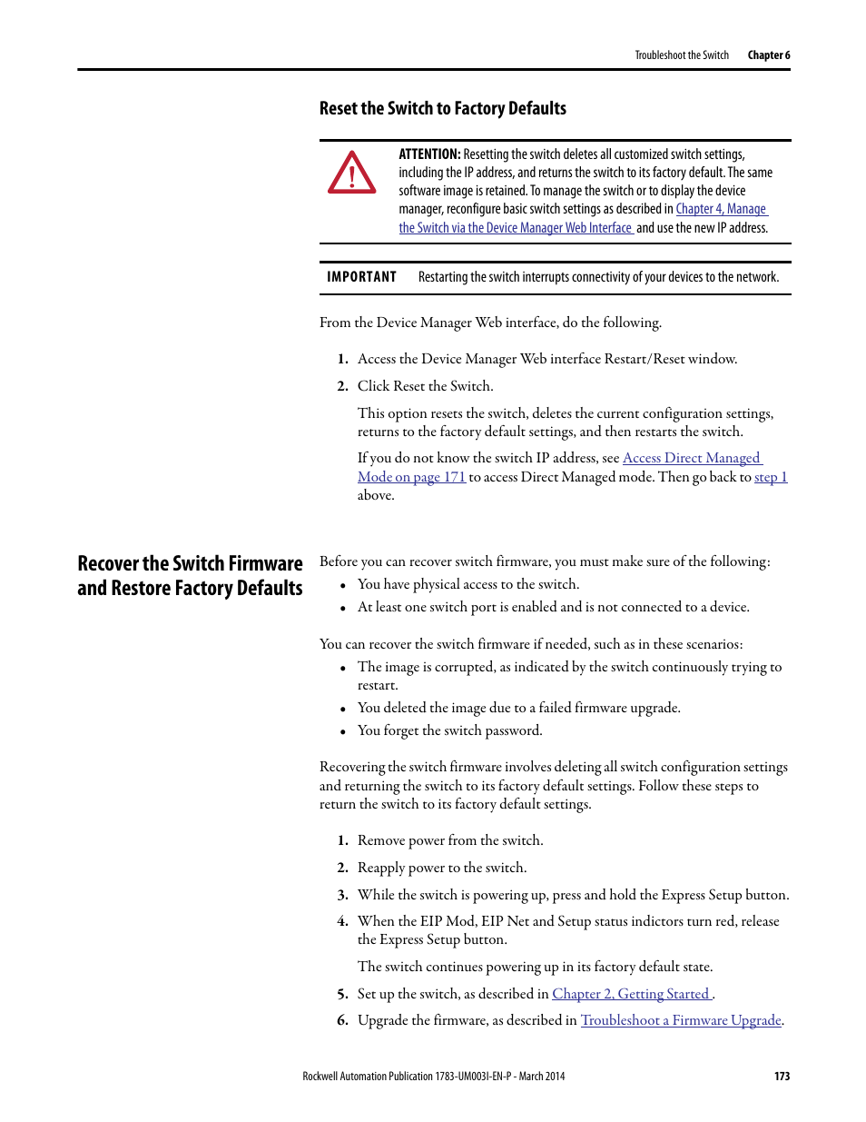 Reset the switch to factory defaults, E in the | Rockwell Automation 1783-Mxxx Stratix 8000 and 8300 Ethernet Managed Switches User Manual User Manual | Page 173 / 204