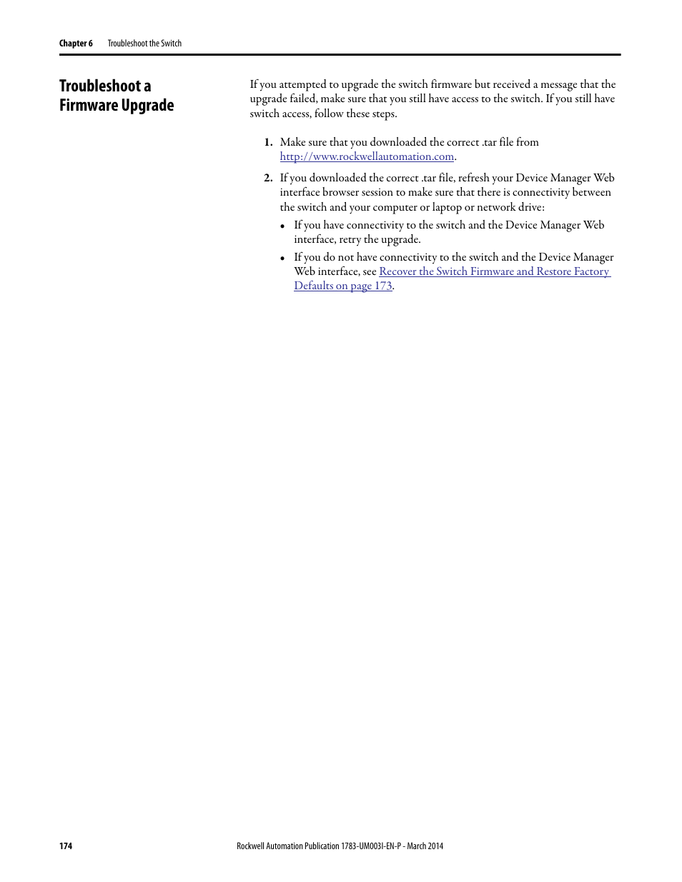 Troubleshoot a firmware upgrade | Rockwell Automation 1783-Mxxx Stratix 8000 and 8300 Ethernet Managed Switches User Manual User Manual | Page 174 / 204