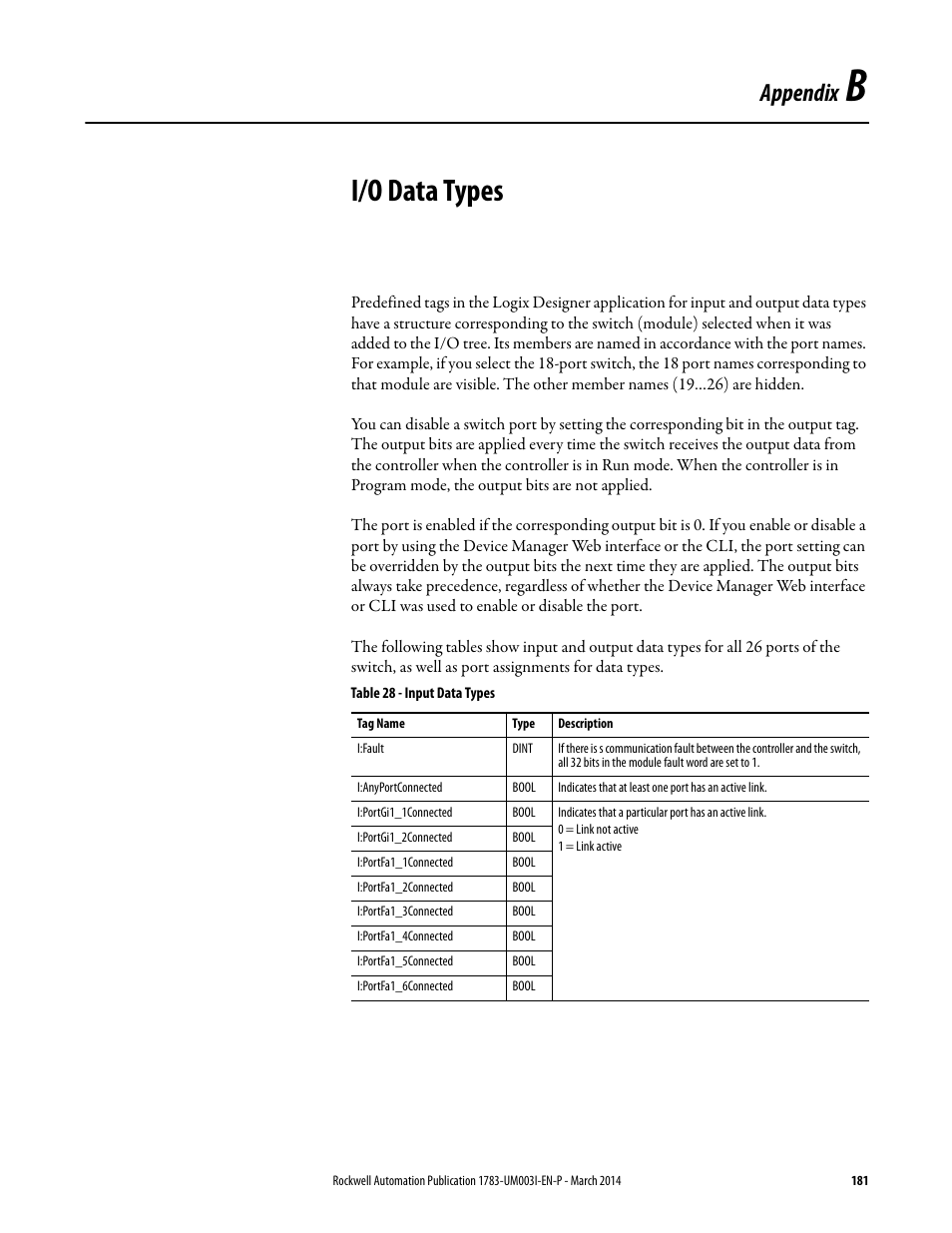 B - i/o data types, Appendix b, I/o data types | Appendix | Rockwell Automation 1783-Mxxx Stratix 8000 and 8300 Ethernet Managed Switches User Manual User Manual | Page 181 / 204