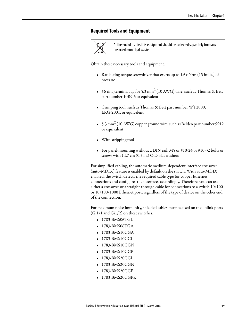 Required tools and equipment | Rockwell Automation 1783-Mxxx Stratix 8000 and 8300 Ethernet Managed Switches User Manual User Manual | Page 19 / 204