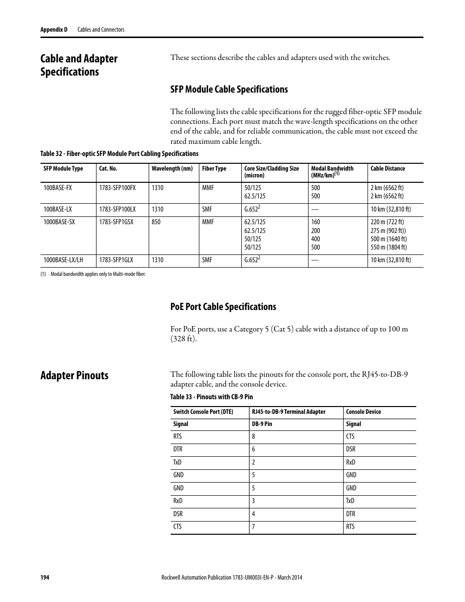 Cable and adapter specifications, Sfp module cable specifications, Poe port cable specifications | Adapter pinouts | Rockwell Automation 1783-Mxxx Stratix 8000 and 8300 Ethernet Managed Switches User Manual User Manual | Page 194 / 204
