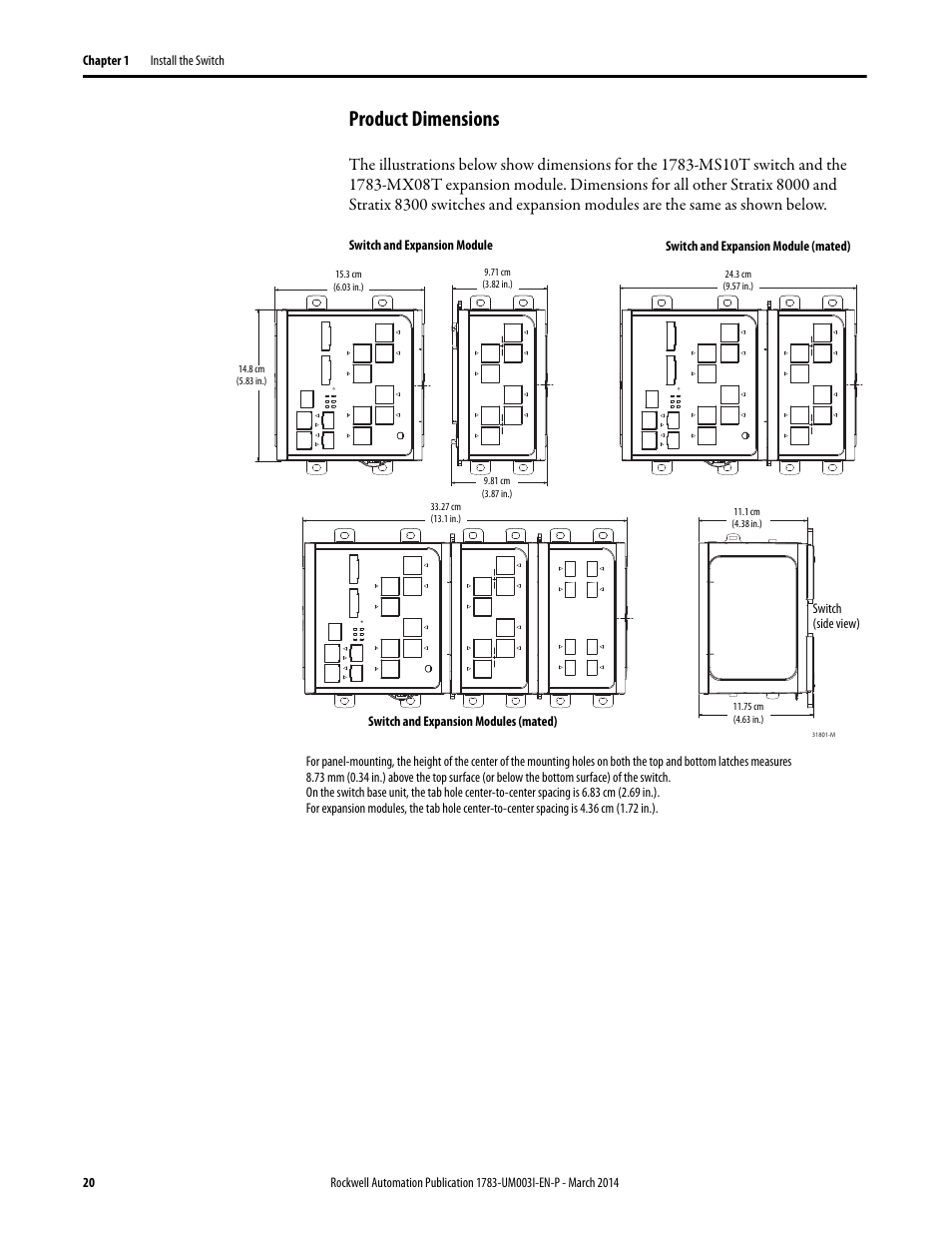 Product dimensions | Rockwell Automation 1783-Mxxx Stratix 8000 and 8300 Ethernet Managed Switches User Manual User Manual | Page 20 / 204