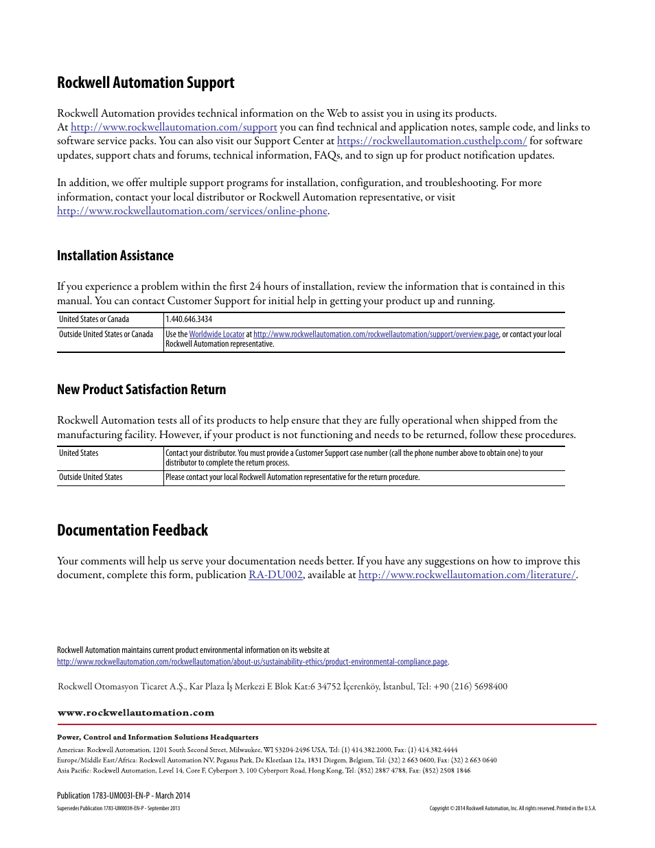 Back cover, Rockwell automation support, Documentation feedback | Installation assistance, New product satisfaction return | Rockwell Automation 1783-Mxxx Stratix 8000 and 8300 Ethernet Managed Switches User Manual User Manual | Page 204 / 204