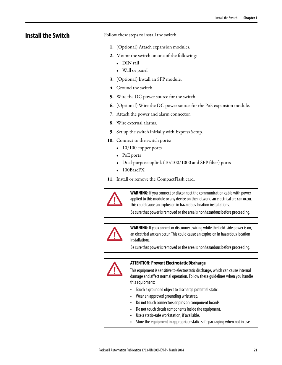 Install the switch | Rockwell Automation 1783-Mxxx Stratix 8000 and 8300 Ethernet Managed Switches User Manual User Manual | Page 21 / 204