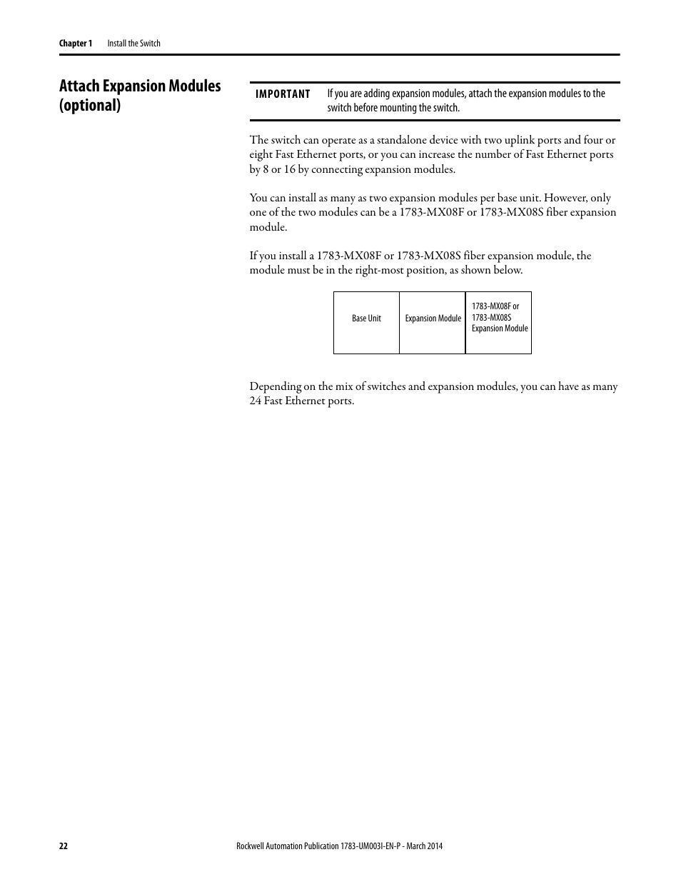 Attach expansion modules (optional) | Rockwell Automation 1783-Mxxx Stratix 8000 and 8300 Ethernet Managed Switches User Manual User Manual | Page 22 / 204