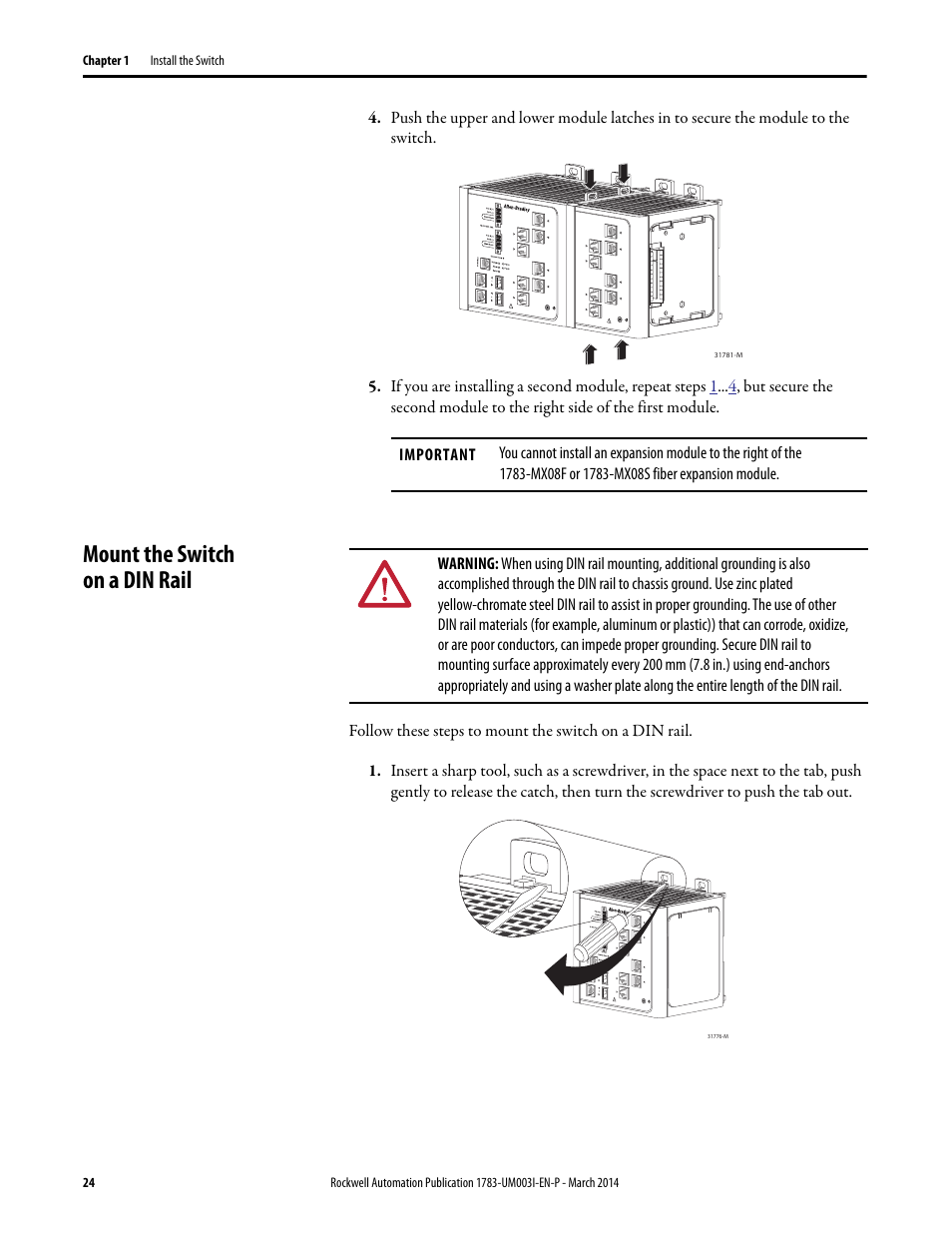 Mount the switch on a din rail | Rockwell Automation 1783-Mxxx Stratix 8000 and 8300 Ethernet Managed Switches User Manual User Manual | Page 24 / 204