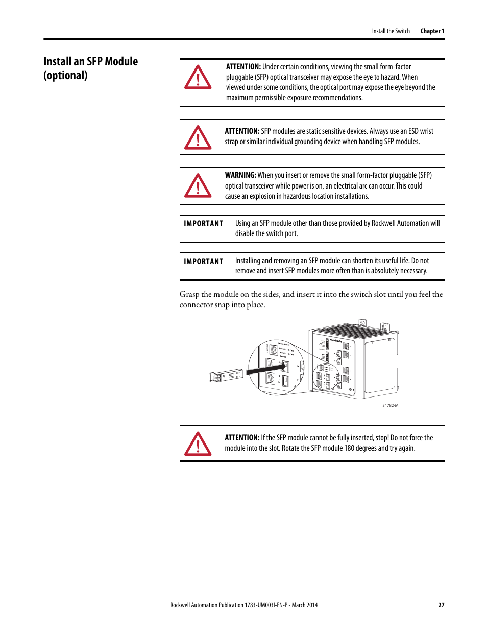 Install an sfp module (optional) | Rockwell Automation 1783-Mxxx Stratix 8000 and 8300 Ethernet Managed Switches User Manual User Manual | Page 27 / 204