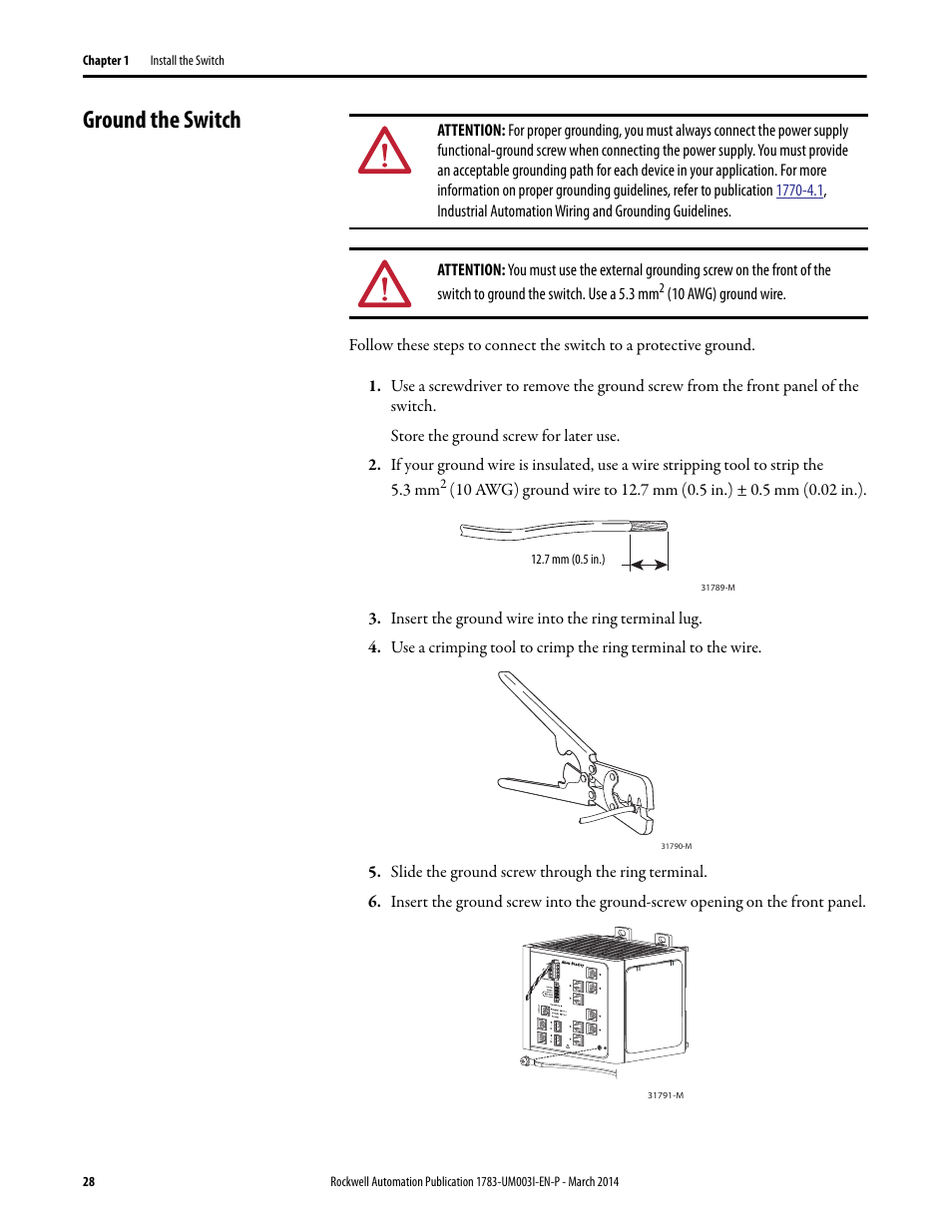 Ground the switch | Rockwell Automation 1783-Mxxx Stratix 8000 and 8300 Ethernet Managed Switches User Manual User Manual | Page 28 / 204