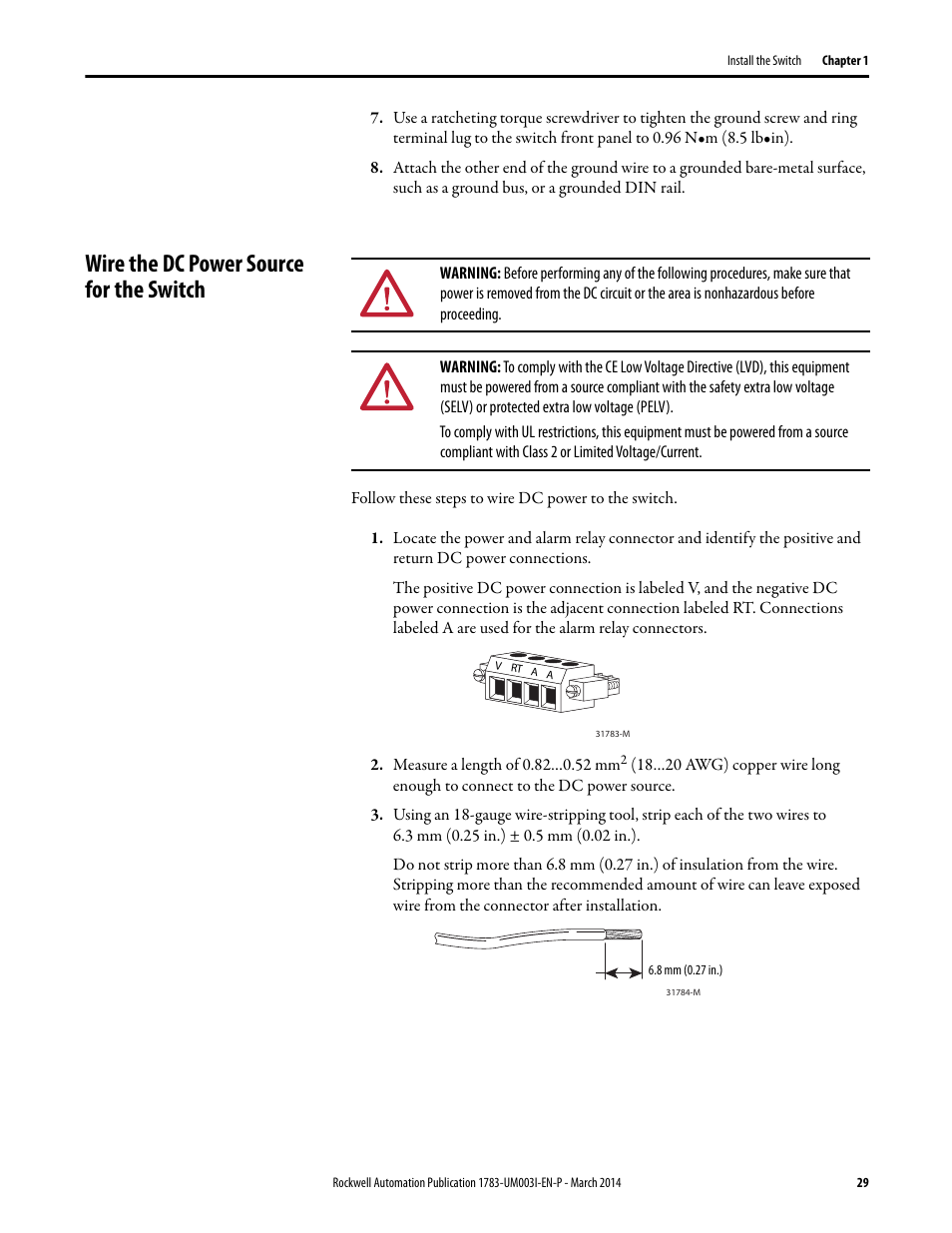 Wire the dc power source for the switch | Rockwell Automation 1783-Mxxx Stratix 8000 and 8300 Ethernet Managed Switches User Manual User Manual | Page 29 / 204