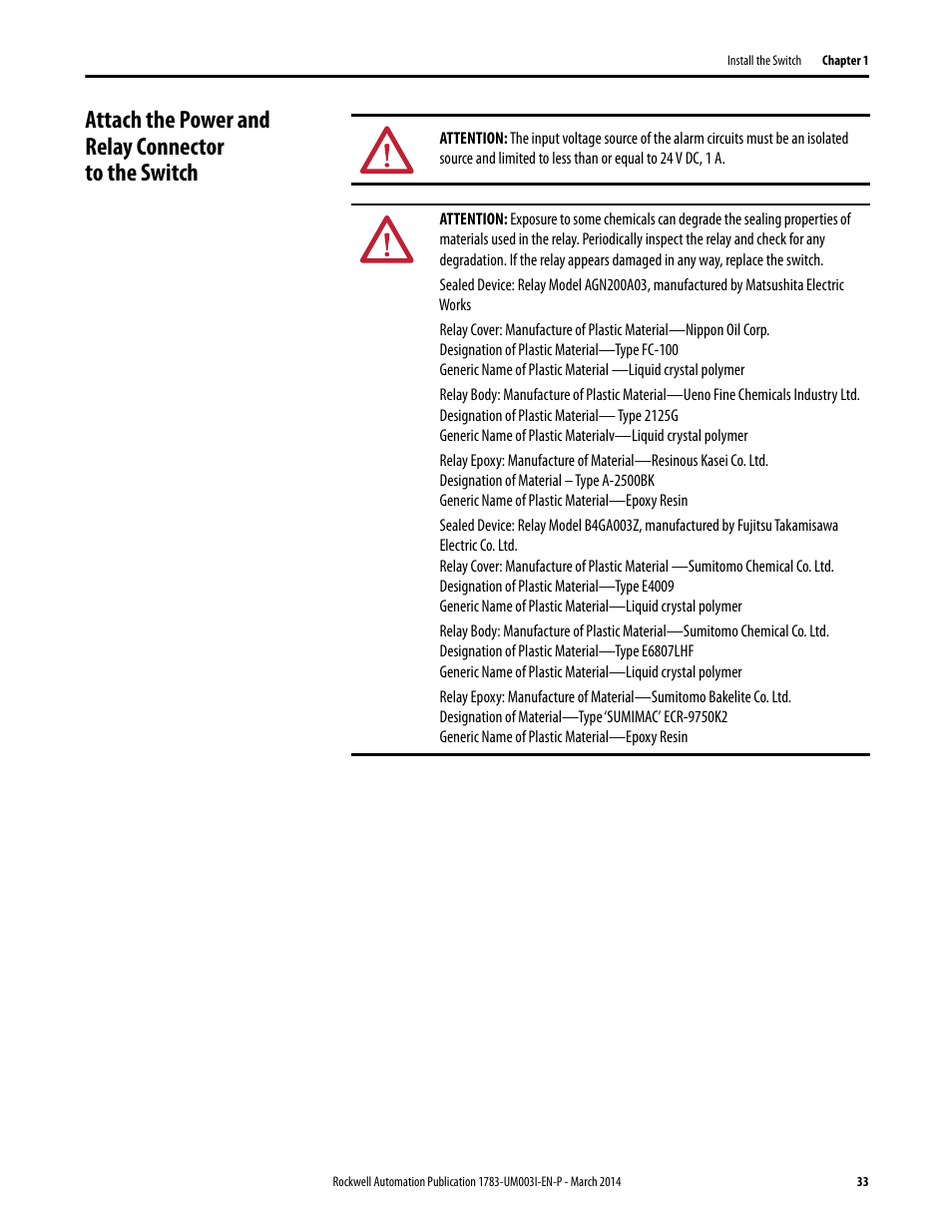 Attach the power and relay connector to the switch | Rockwell Automation 1783-Mxxx Stratix 8000 and 8300 Ethernet Managed Switches User Manual User Manual | Page 33 / 204