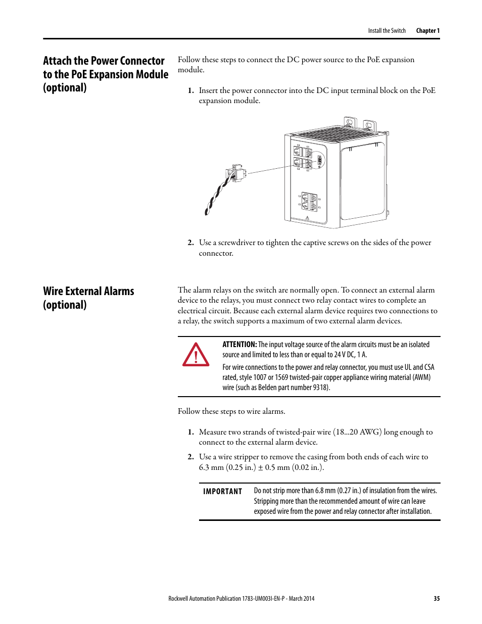 Wire external alarms (optional) | Rockwell Automation 1783-Mxxx Stratix 8000 and 8300 Ethernet Managed Switches User Manual User Manual | Page 35 / 204