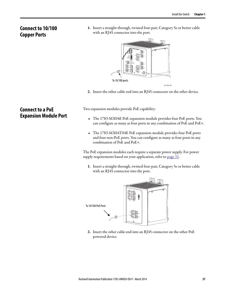 Connect to 10/100 copper ports, Connect to a poe expansion module port | Rockwell Automation 1783-Mxxx Stratix 8000 and 8300 Ethernet Managed Switches User Manual User Manual | Page 37 / 204