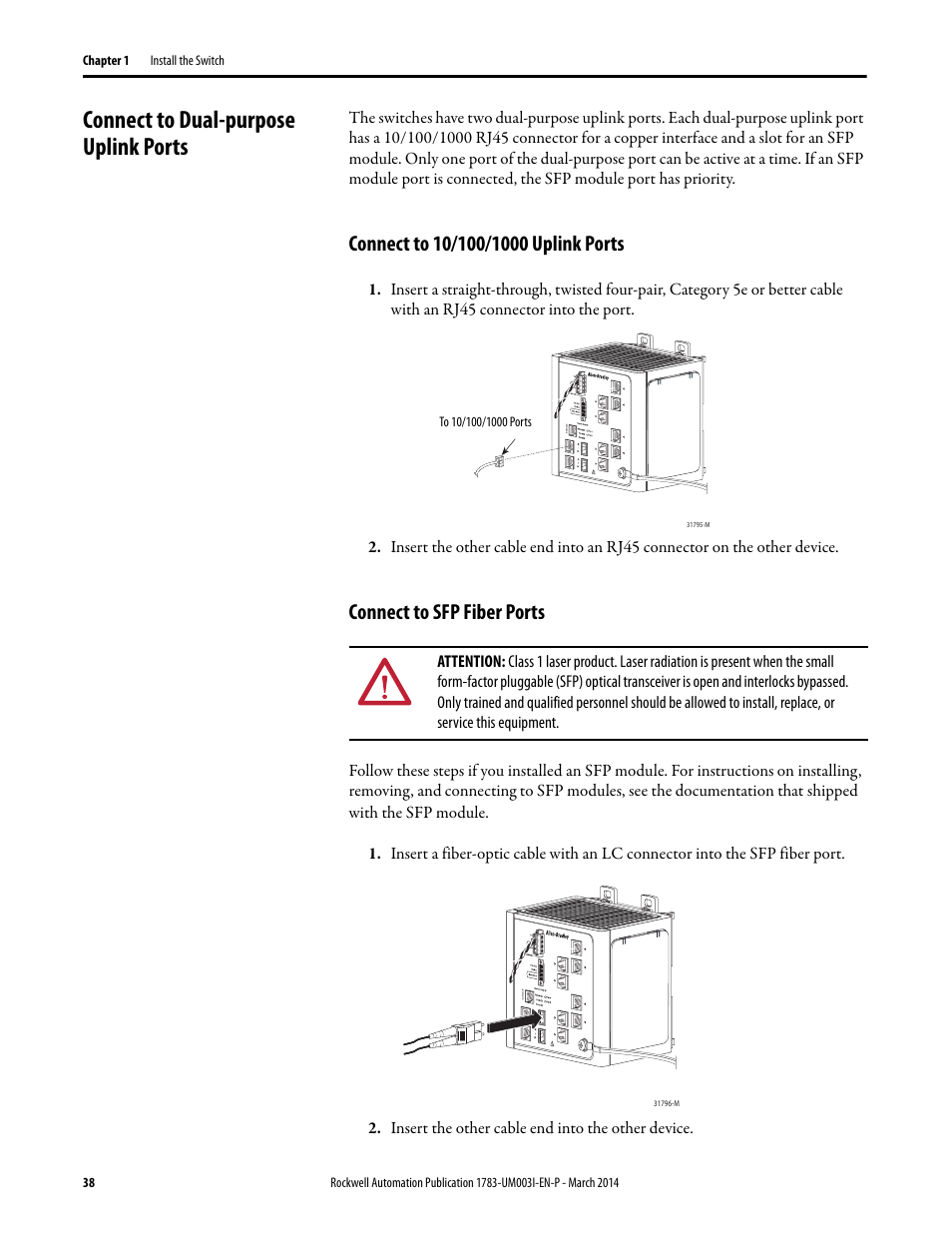 Connect to dual-purpose uplink ports, Connect to 10/100/1000 uplink ports, Connect to sfp fiber ports | Rockwell Automation 1783-Mxxx Stratix 8000 and 8300 Ethernet Managed Switches User Manual User Manual | Page 38 / 204