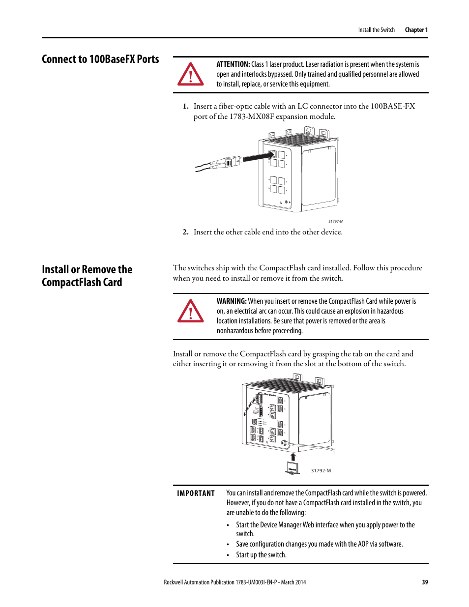 Connect to 100basefx ports, Install or remove the compactflash card | Rockwell Automation 1783-Mxxx Stratix 8000 and 8300 Ethernet Managed Switches User Manual User Manual | Page 39 / 204
