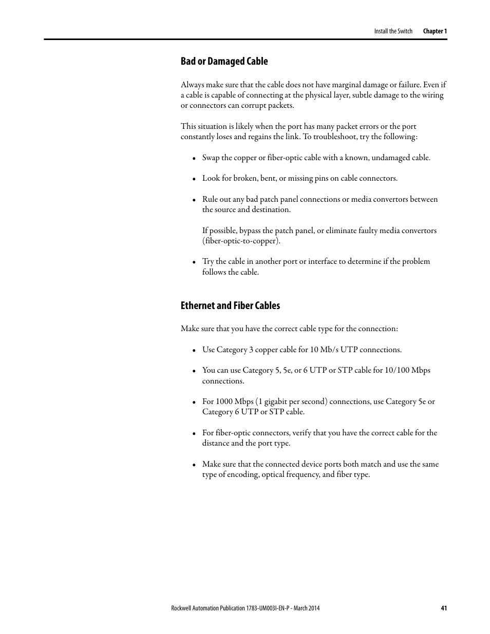 Bad or damaged cable, Ethernet and fiber cables, Bad or damaged cable ethernet and fiber cables | Rockwell Automation 1783-Mxxx Stratix 8000 and 8300 Ethernet Managed Switches User Manual User Manual | Page 41 / 204