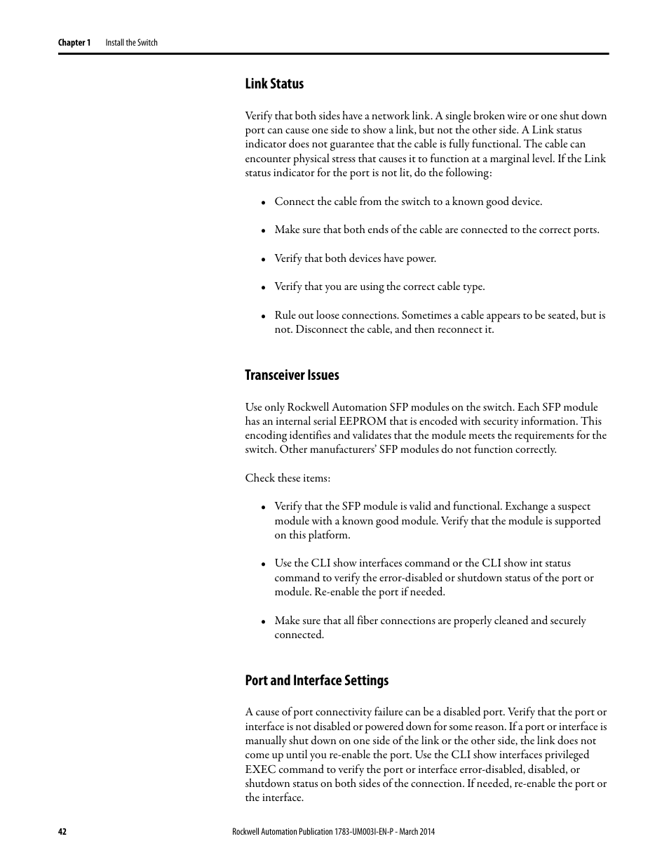 Link status, Transceiver issues, Port and interface settings | Rockwell Automation 1783-Mxxx Stratix 8000 and 8300 Ethernet Managed Switches User Manual User Manual | Page 42 / 204