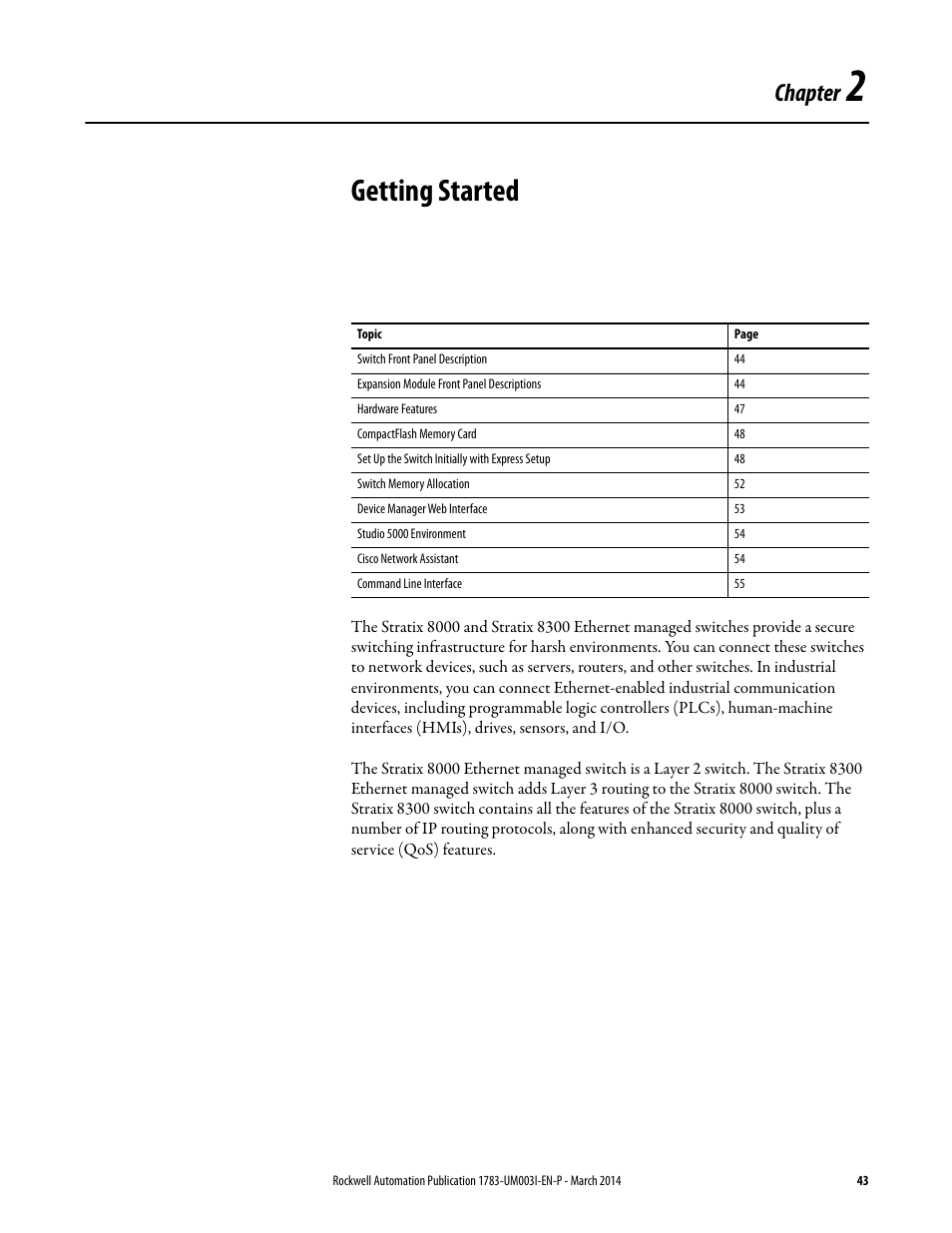 2 - getting started, Chapter 2, Getting started | Chapter | Rockwell Automation 1783-Mxxx Stratix 8000 and 8300 Ethernet Managed Switches User Manual User Manual | Page 43 / 204