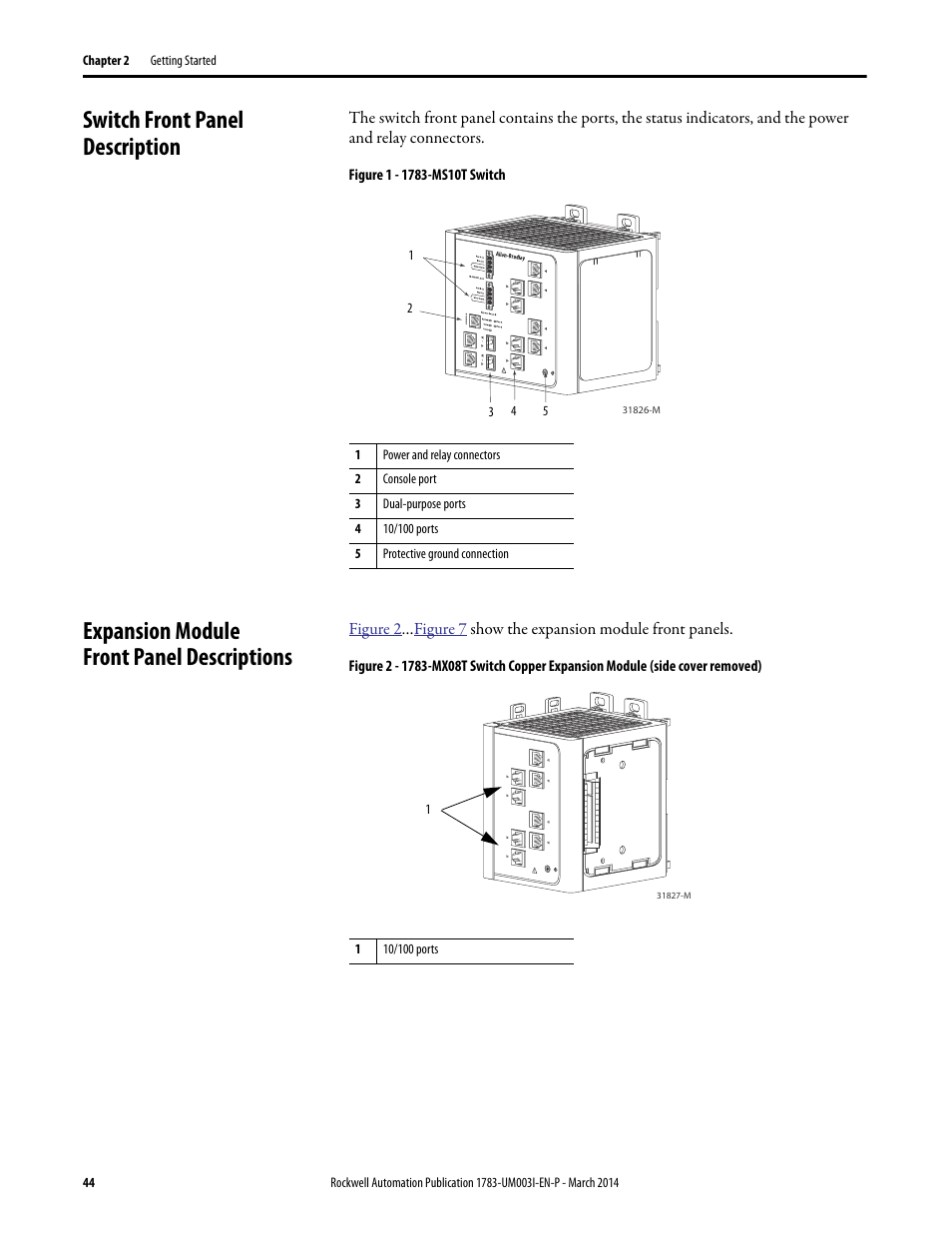 Switch front panel description, Expansion module front panel descriptions | Rockwell Automation 1783-Mxxx Stratix 8000 and 8300 Ethernet Managed Switches User Manual User Manual | Page 44 / 204