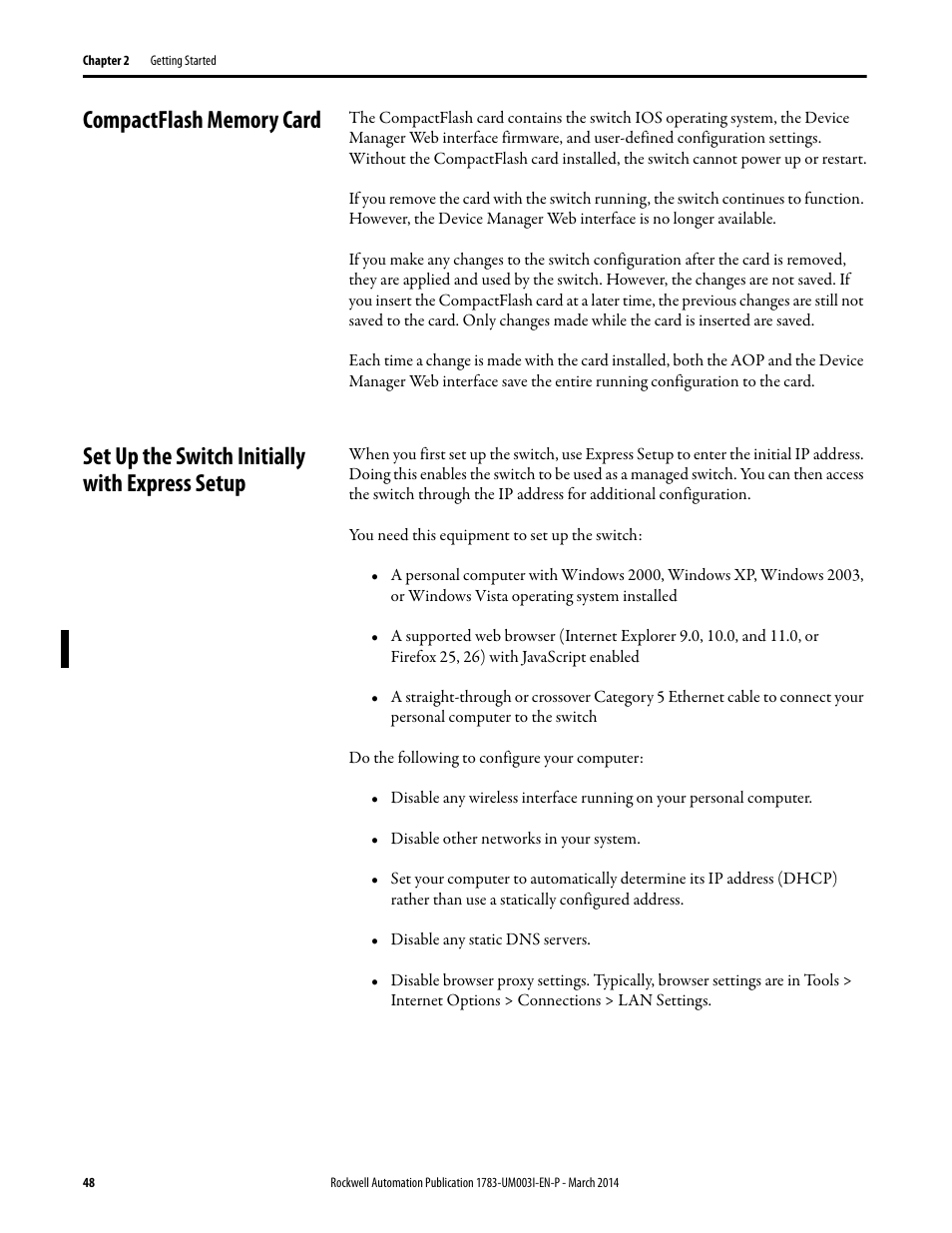 Compactflash memory card, Set up the switch initially with express setup | Rockwell Automation 1783-Mxxx Stratix 8000 and 8300 Ethernet Managed Switches User Manual User Manual | Page 48 / 204