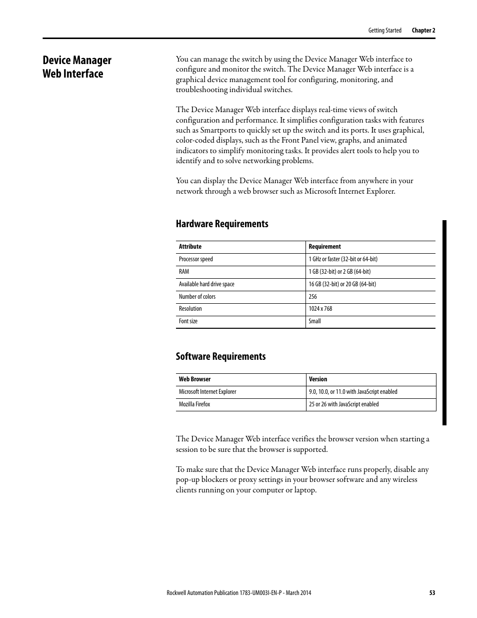 Device manager web interface, Hardware requirements, Software requirements | Hardware requirements software requirements | Rockwell Automation 1783-Mxxx Stratix 8000 and 8300 Ethernet Managed Switches User Manual User Manual | Page 53 / 204