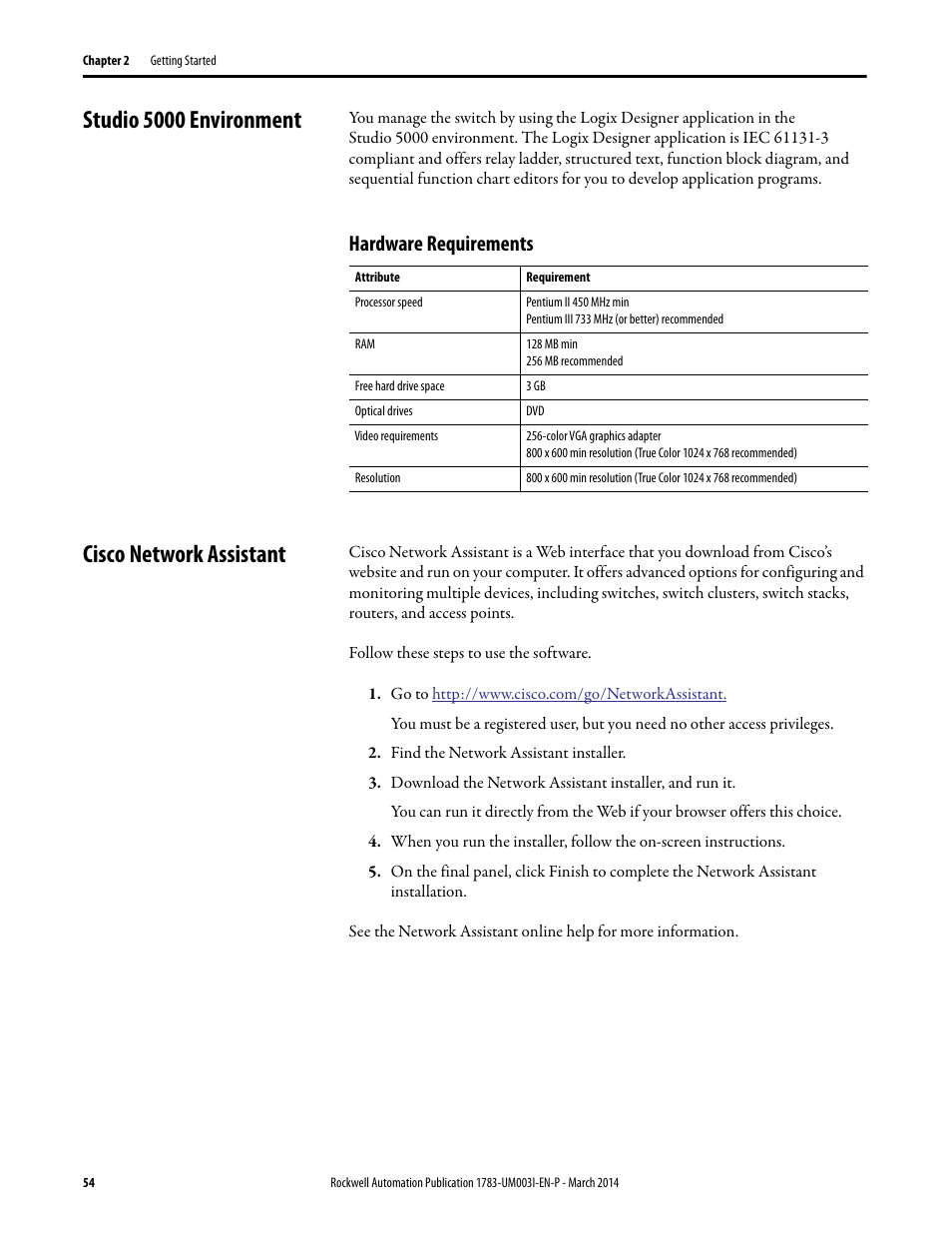 Studio 5000 environment, Hardware requirements, Cisco network assistant | Rockwell Automation 1783-Mxxx Stratix 8000 and 8300 Ethernet Managed Switches User Manual User Manual | Page 54 / 204