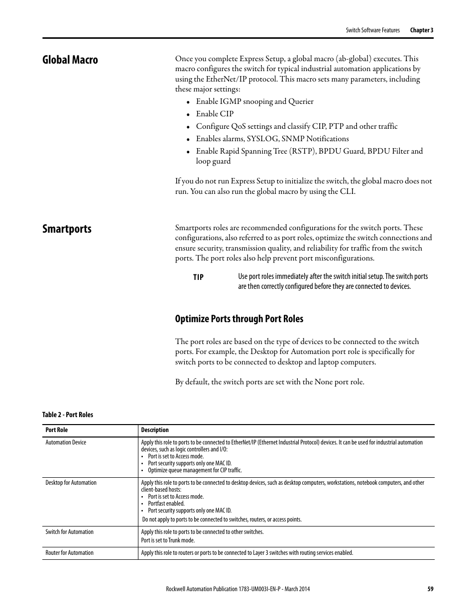 Global macro, Smartports, Optimize ports through port roles | Global macro smartports | Rockwell Automation 1783-Mxxx Stratix 8000 and 8300 Ethernet Managed Switches User Manual User Manual | Page 59 / 204