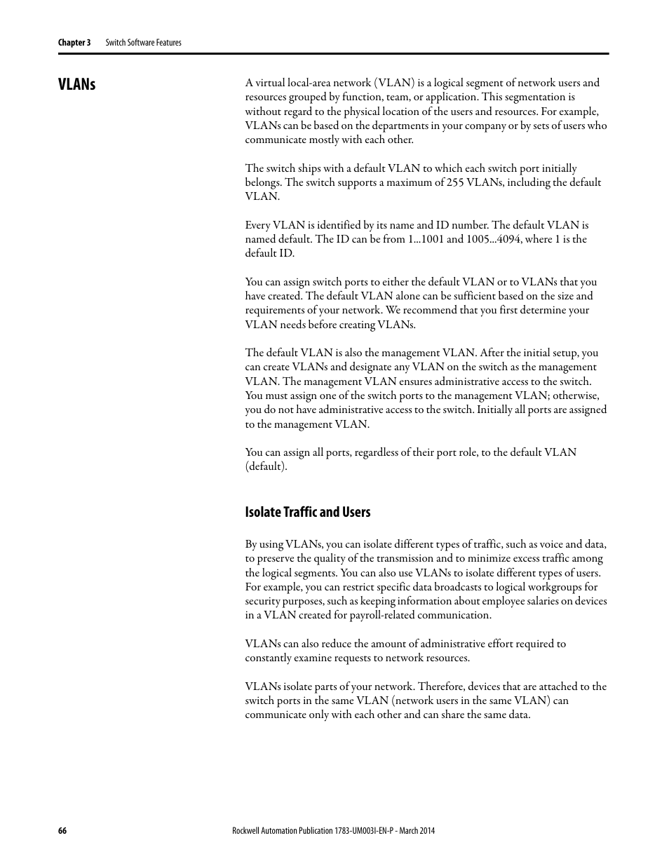 Vlans, Isolate traffic and users | Rockwell Automation 1783-Mxxx Stratix 8000 and 8300 Ethernet Managed Switches User Manual User Manual | Page 66 / 204