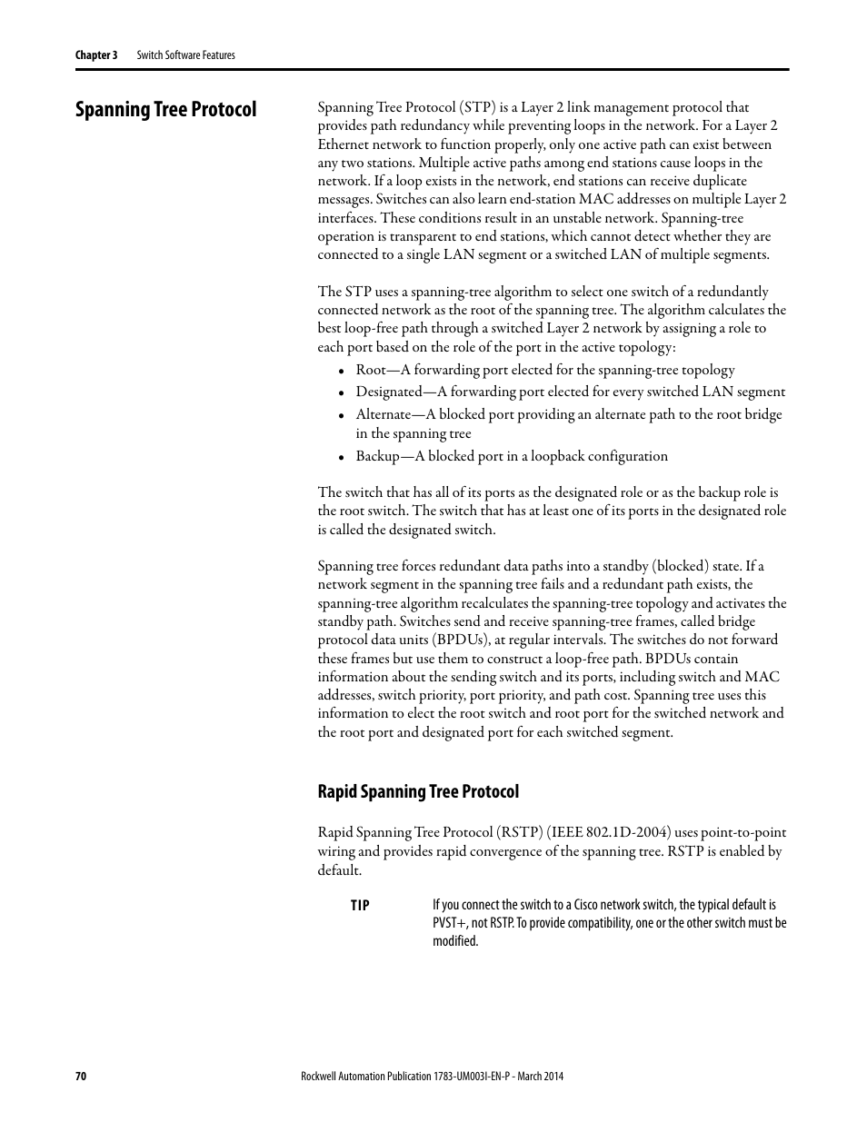 Spanning tree protocol, Rapid spanning tree protocol | Rockwell Automation 1783-Mxxx Stratix 8000 and 8300 Ethernet Managed Switches User Manual User Manual | Page 70 / 204