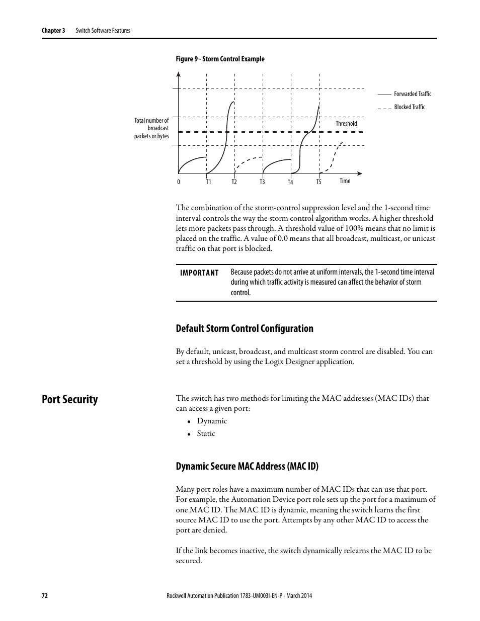 Default storm control configuration, Port security, Dynamic secure mac address (mac id) | Rockwell Automation 1783-Mxxx Stratix 8000 and 8300 Ethernet Managed Switches User Manual User Manual | Page 72 / 204