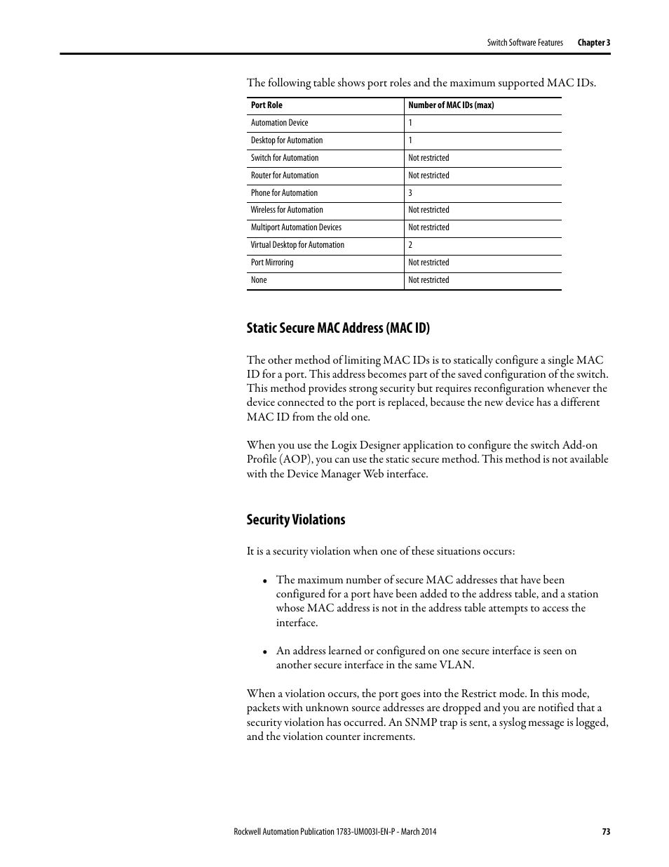 Static secure mac address (mac id), Security violations | Rockwell Automation 1783-Mxxx Stratix 8000 and 8300 Ethernet Managed Switches User Manual User Manual | Page 73 / 204