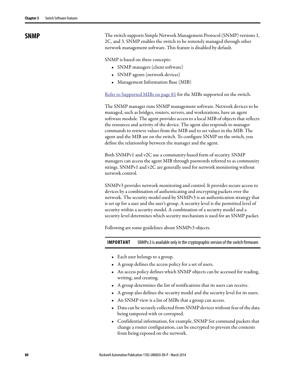 Snmp | Rockwell Automation 1783-Mxxx Stratix 8000 and 8300 Ethernet Managed Switches User Manual User Manual | Page 80 / 204