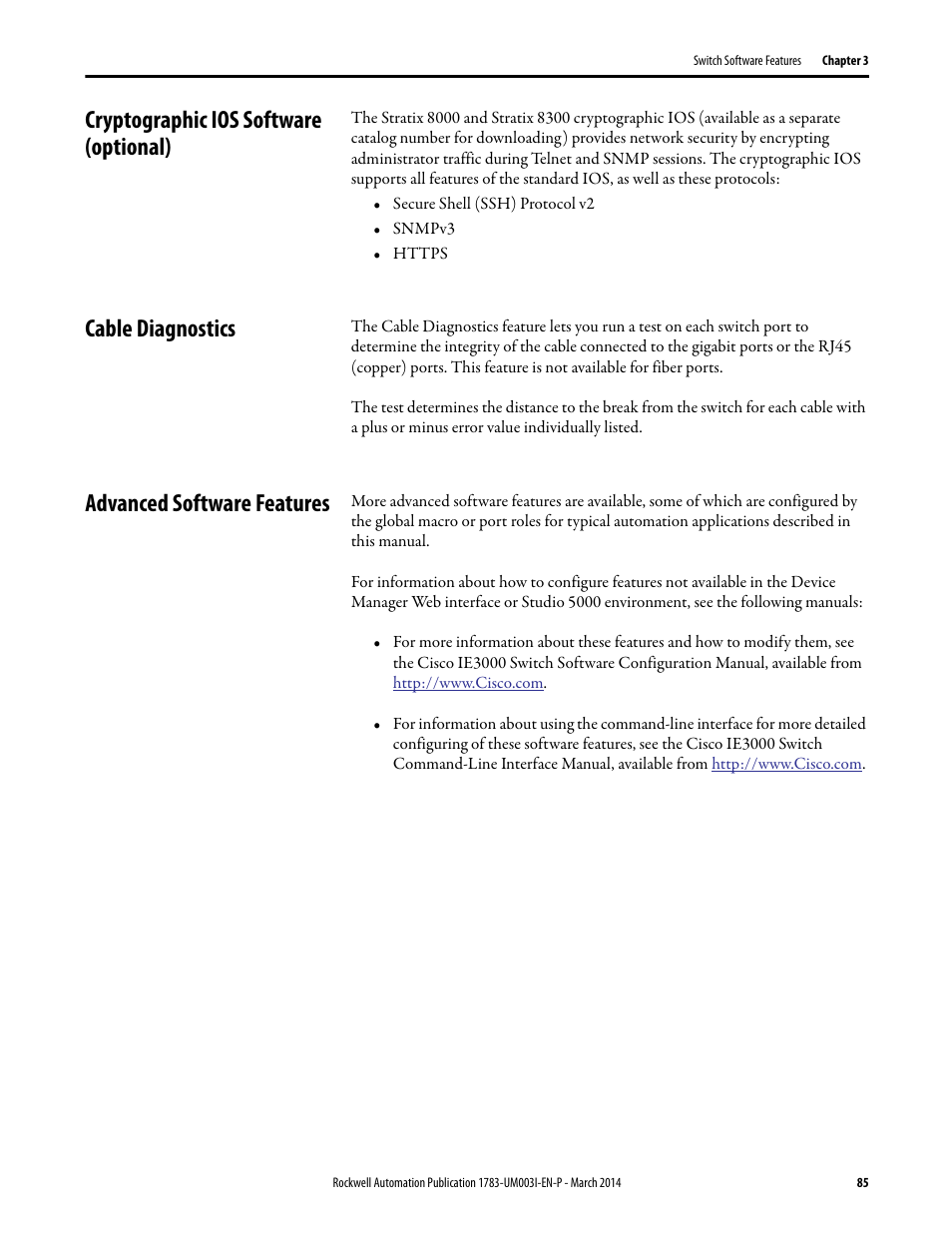 Cryptographic ios software (optional), Cable diagnostics, Advanced software features | Rockwell Automation 1783-Mxxx Stratix 8000 and 8300 Ethernet Managed Switches User Manual User Manual | Page 85 / 204