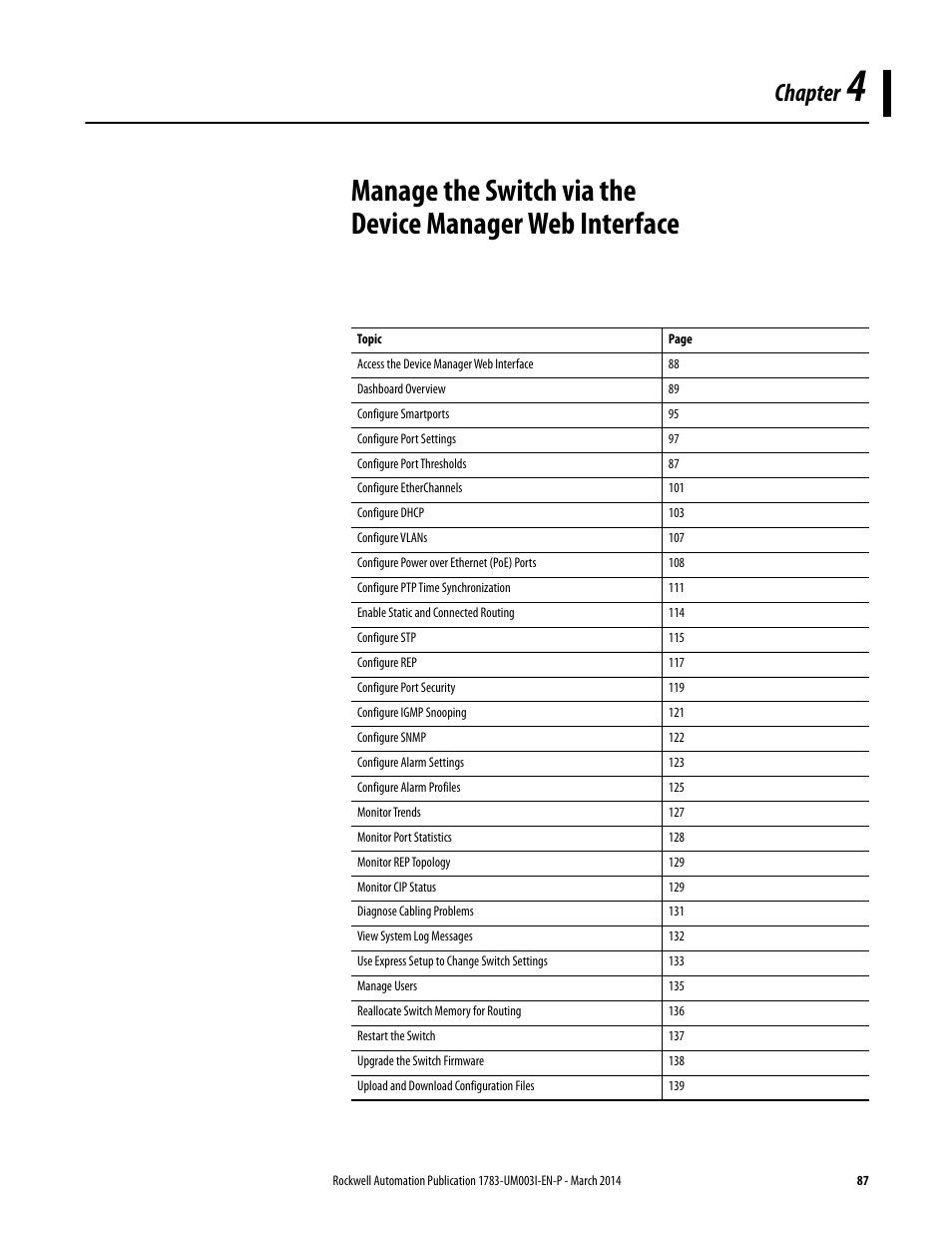 Chapter 4, R 4, manage, The switch via the device manager web interface | Chapter | Rockwell Automation 1783-Mxxx Stratix 8000 and 8300 Ethernet Managed Switches User Manual User Manual | Page 87 / 204