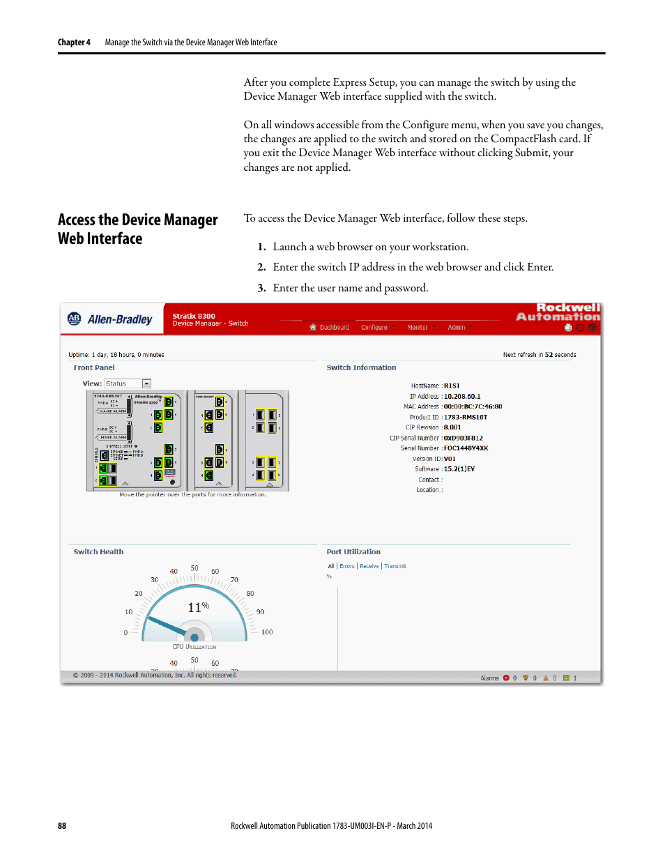 Access the device manager web interface | Rockwell Automation 1783-Mxxx Stratix 8000 and 8300 Ethernet Managed Switches User Manual User Manual | Page 88 / 204