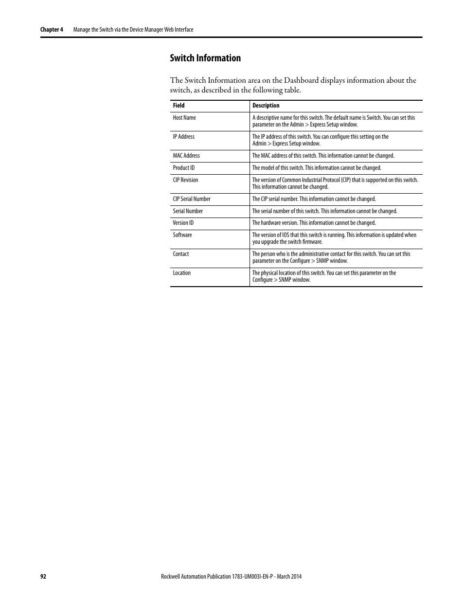 Switch information | Rockwell Automation 1783-Mxxx Stratix 8000 and 8300 Ethernet Managed Switches User Manual User Manual | Page 92 / 204