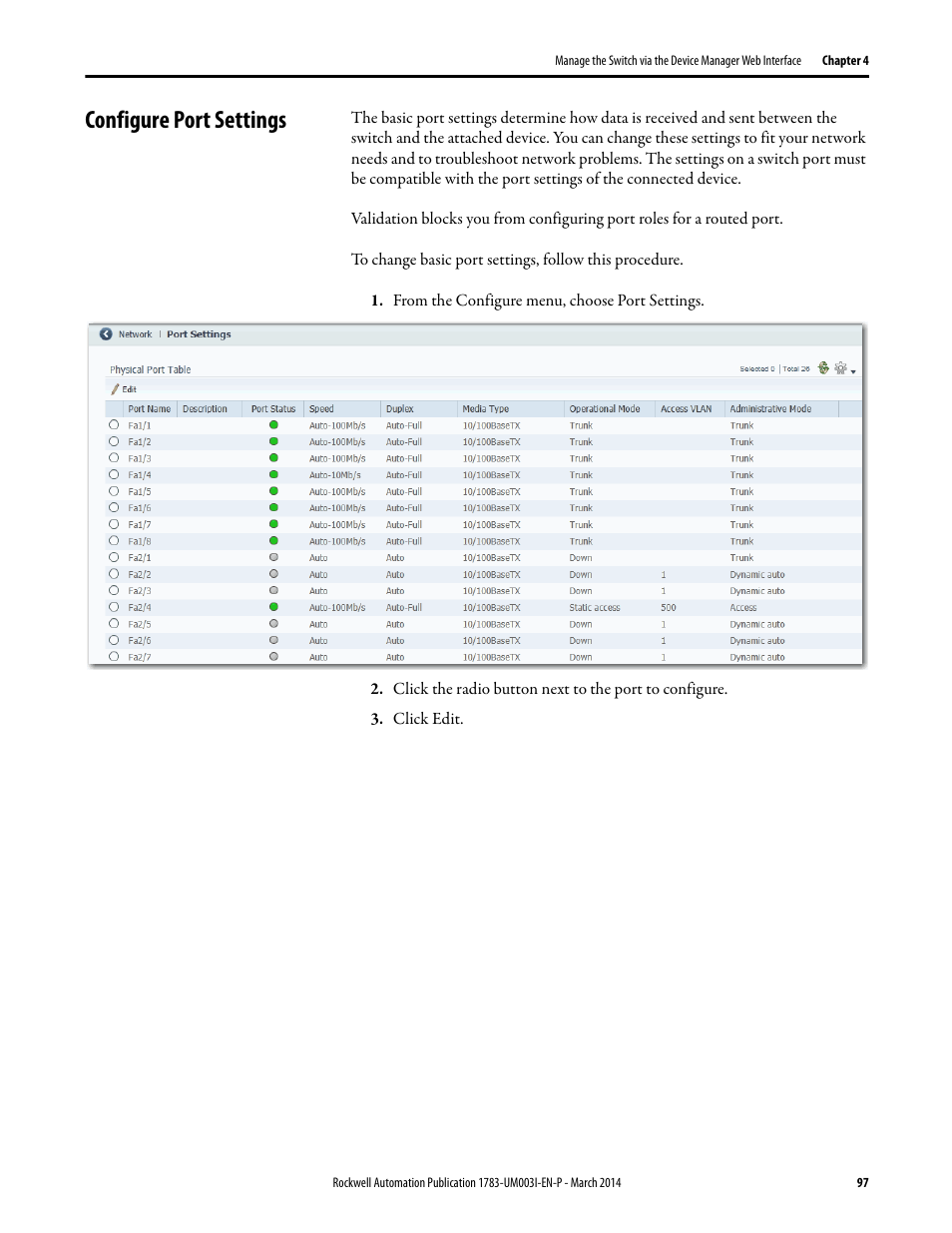 Configure port settings | Rockwell Automation 1783-Mxxx Stratix 8000 and 8300 Ethernet Managed Switches User Manual User Manual | Page 97 / 204