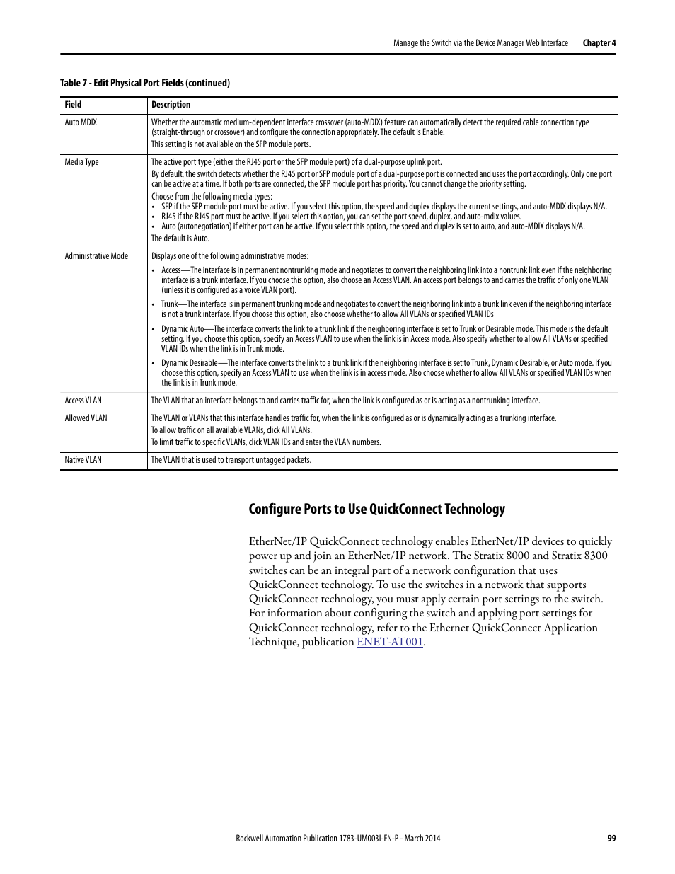 Configure ports to use quickconnect technology | Rockwell Automation 1783-Mxxx Stratix 8000 and 8300 Ethernet Managed Switches User Manual User Manual | Page 99 / 204