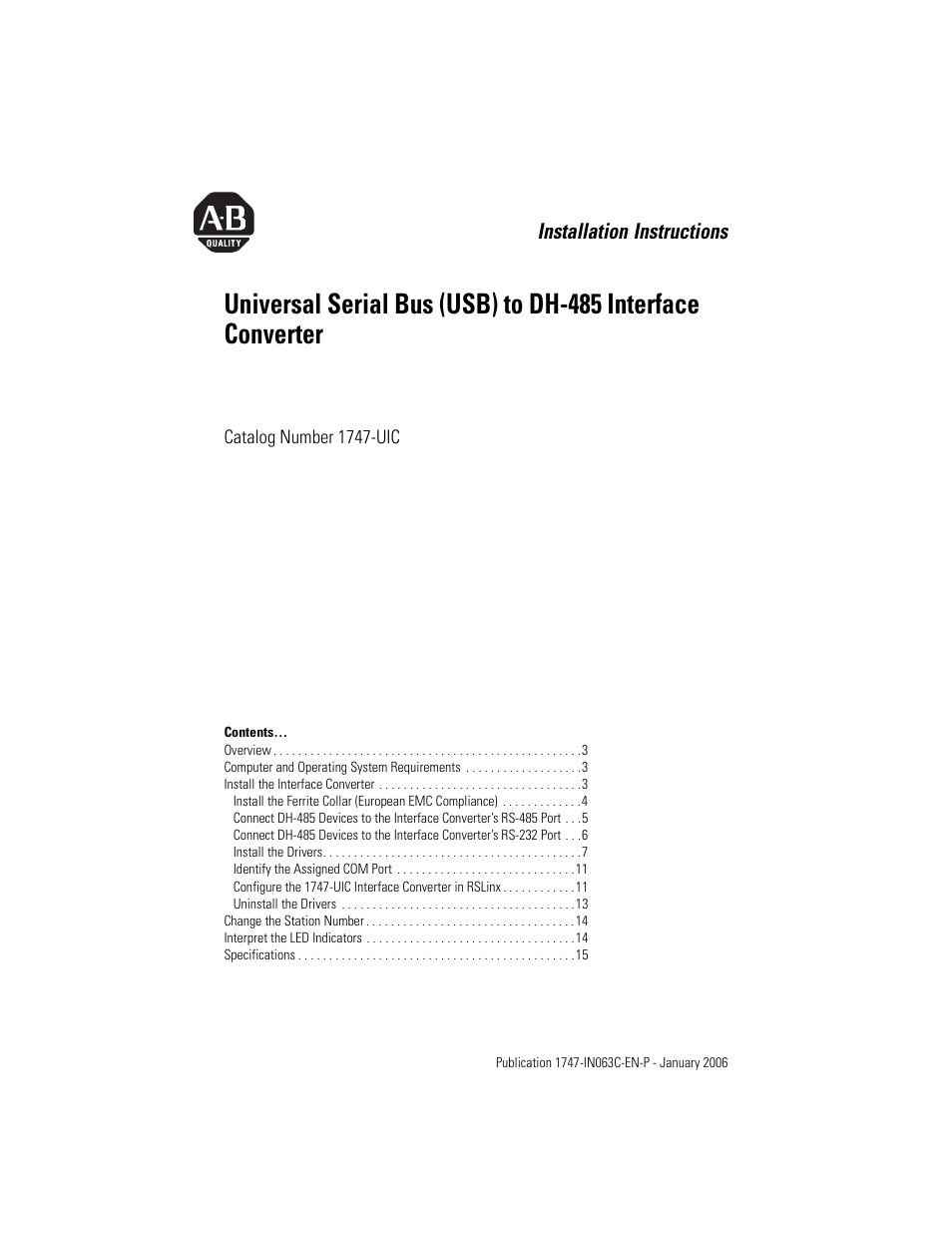 Rockwell Automation 1747-UIC Universal Serial Bus to DH-485 Interface Converter User Manual | 16 pages