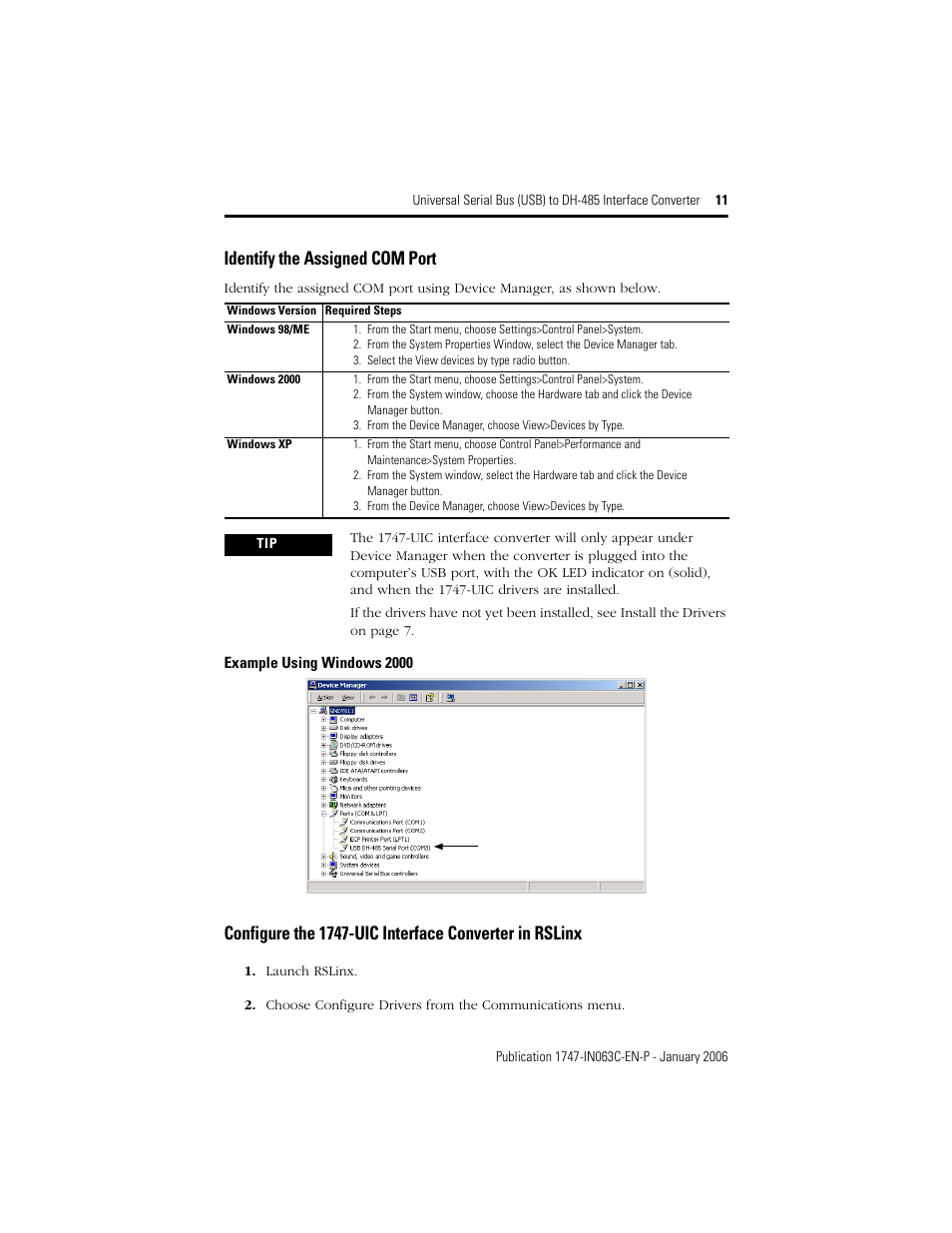 Identify the assigned com port, Identify the assigned com port on p | Rockwell Automation 1747-UIC Universal Serial Bus to DH-485 Interface Converter User Manual | Page 11 / 16