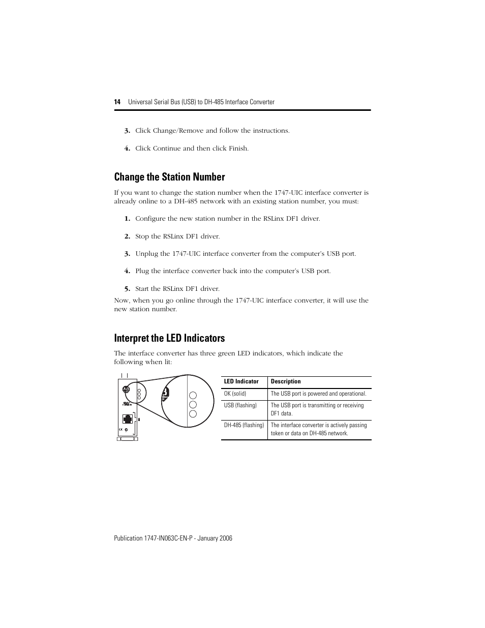 Change the station number, Interpret the led indicators, 14 interpret the led indicators | Listed i.t.e | Rockwell Automation 1747-UIC Universal Serial Bus to DH-485 Interface Converter User Manual | Page 14 / 16