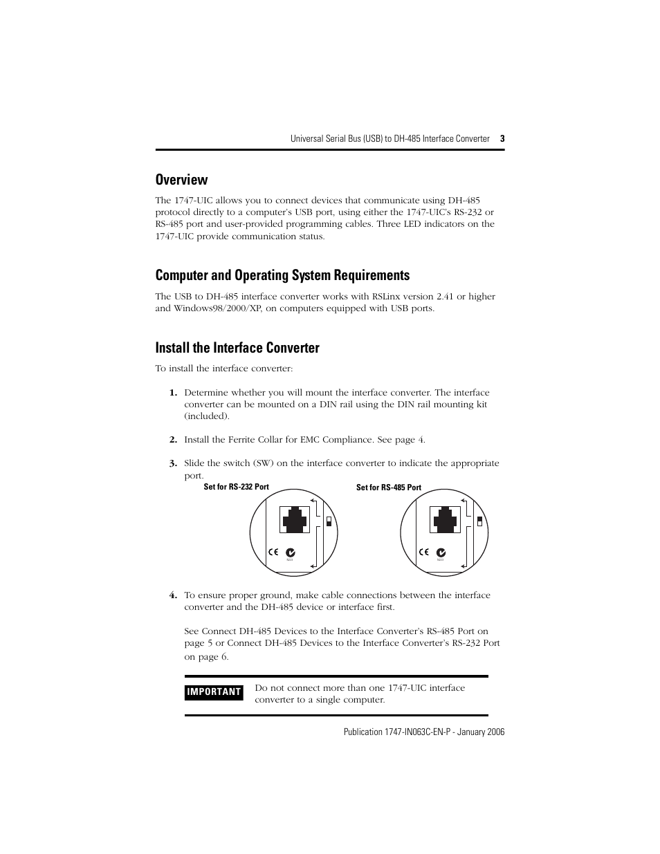 Overview, Computer and operating system requirements, Install the interface converter | 3 computer and operating system requirements, 3 install the interface converter | Rockwell Automation 1747-UIC Universal Serial Bus to DH-485 Interface Converter User Manual | Page 3 / 16