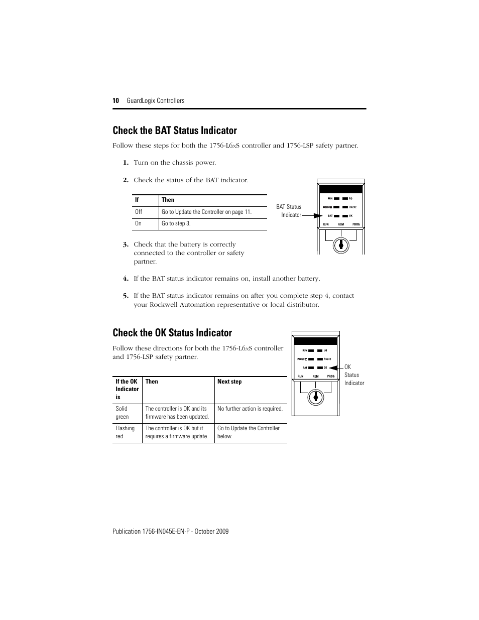 Check the bat status indicator, Check the ok status indicator | Rockwell Automation 1756-LSP GuardLogix Controller User Manual | Page 10 / 20