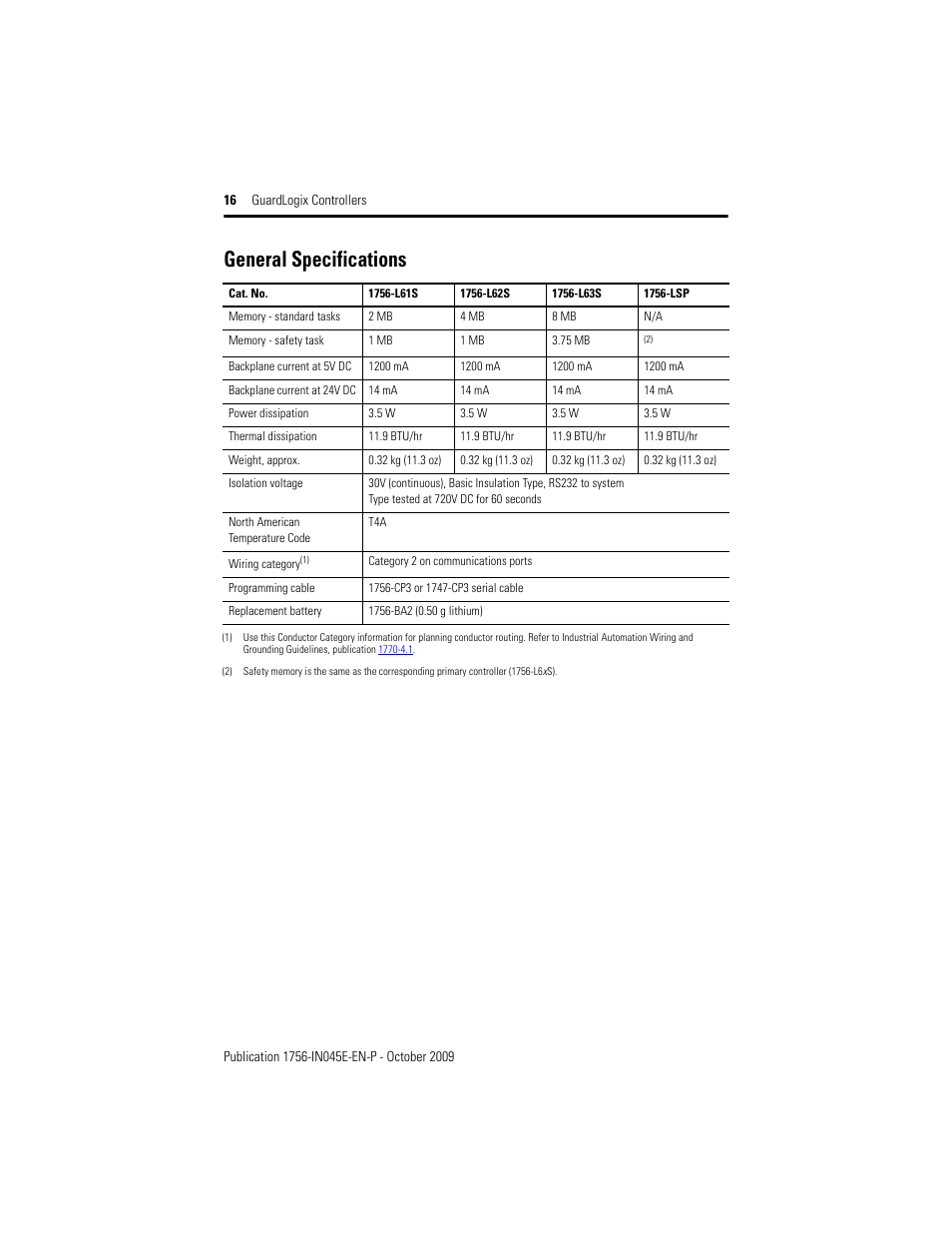 General specifications | Rockwell Automation 1756-LSP GuardLogix Controller User Manual | Page 16 / 20