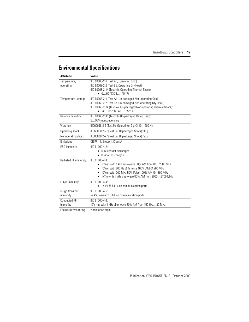 Environmental specifications | Rockwell Automation 1756-LSP GuardLogix Controller User Manual | Page 17 / 20