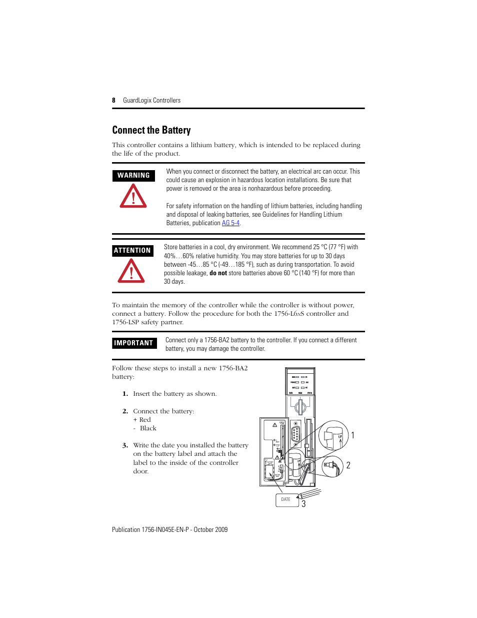 Connect the battery | Rockwell Automation 1756-LSP GuardLogix Controller User Manual | Page 8 / 20