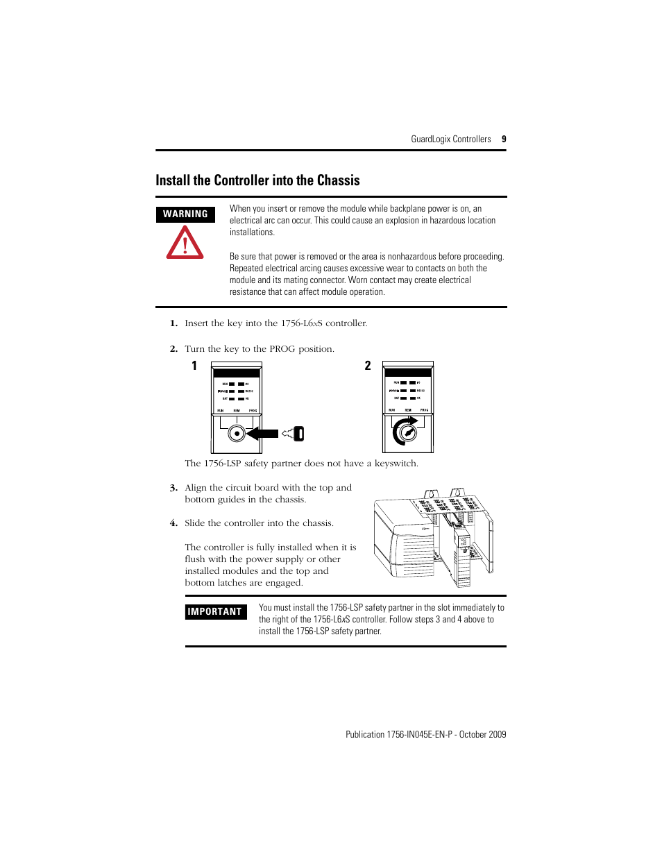 Install the controller into the chassis | Rockwell Automation 1756-LSP GuardLogix Controller User Manual | Page 9 / 20