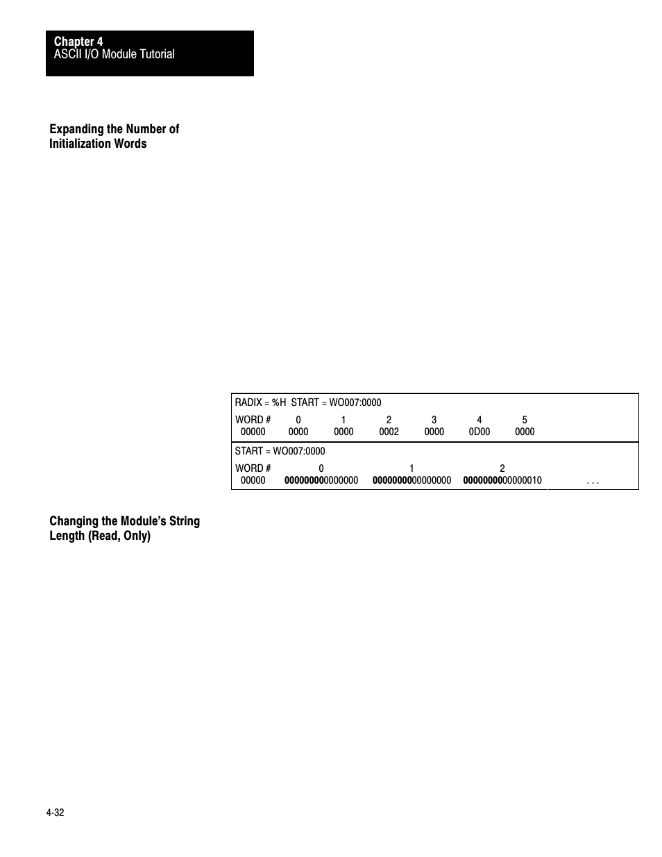 Expanding the number, Changing the module's string, 4ć32 | Rockwell Automation 1771-DA,D17716.5.13 U MNL 1771-DA ASCII I/O MODULE User Manual | Page 106 / 262