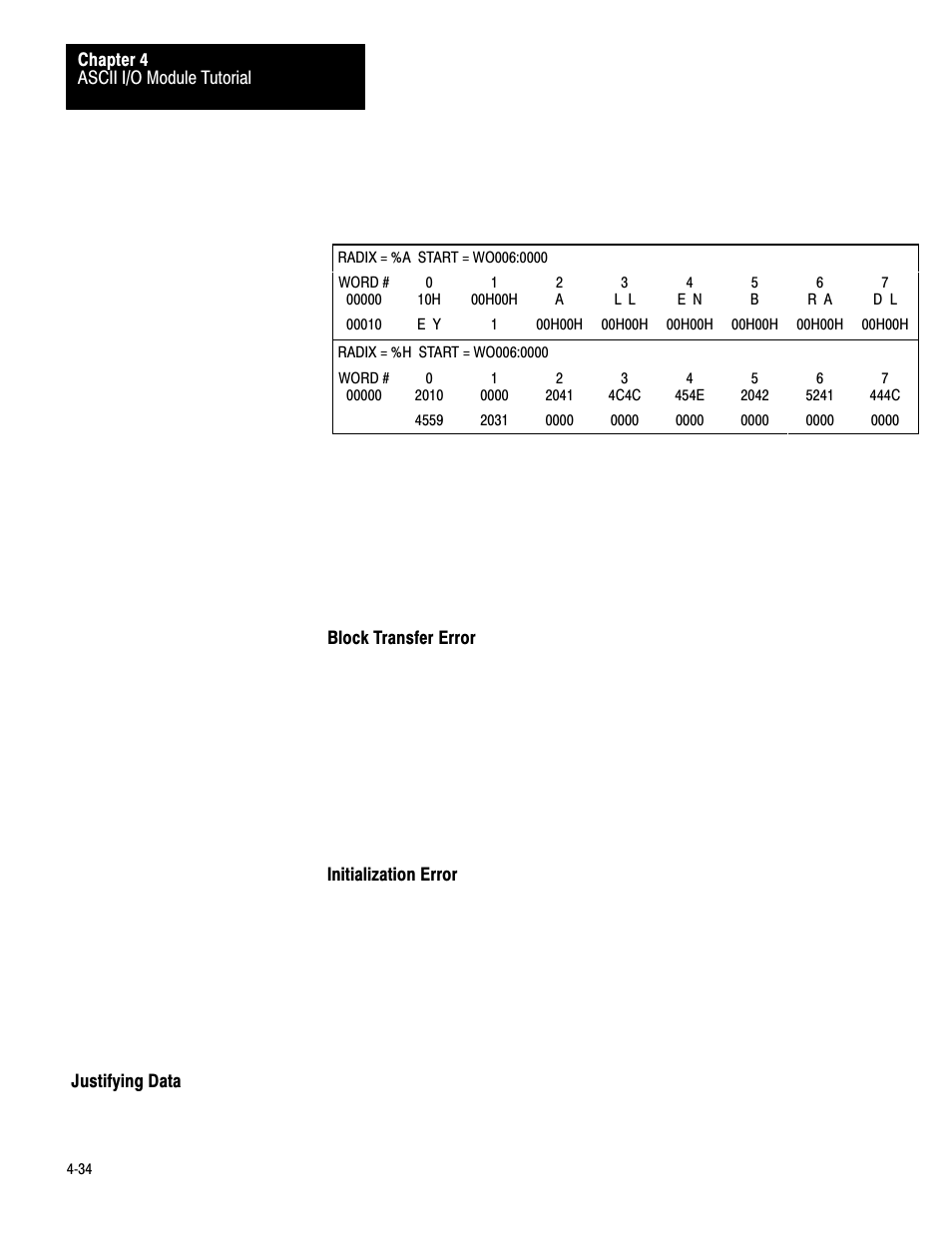 Justifying data, 4ć34 | Rockwell Automation 1771-DA,D17716.5.13 U MNL 1771-DA ASCII I/O MODULE User Manual | Page 108 / 262