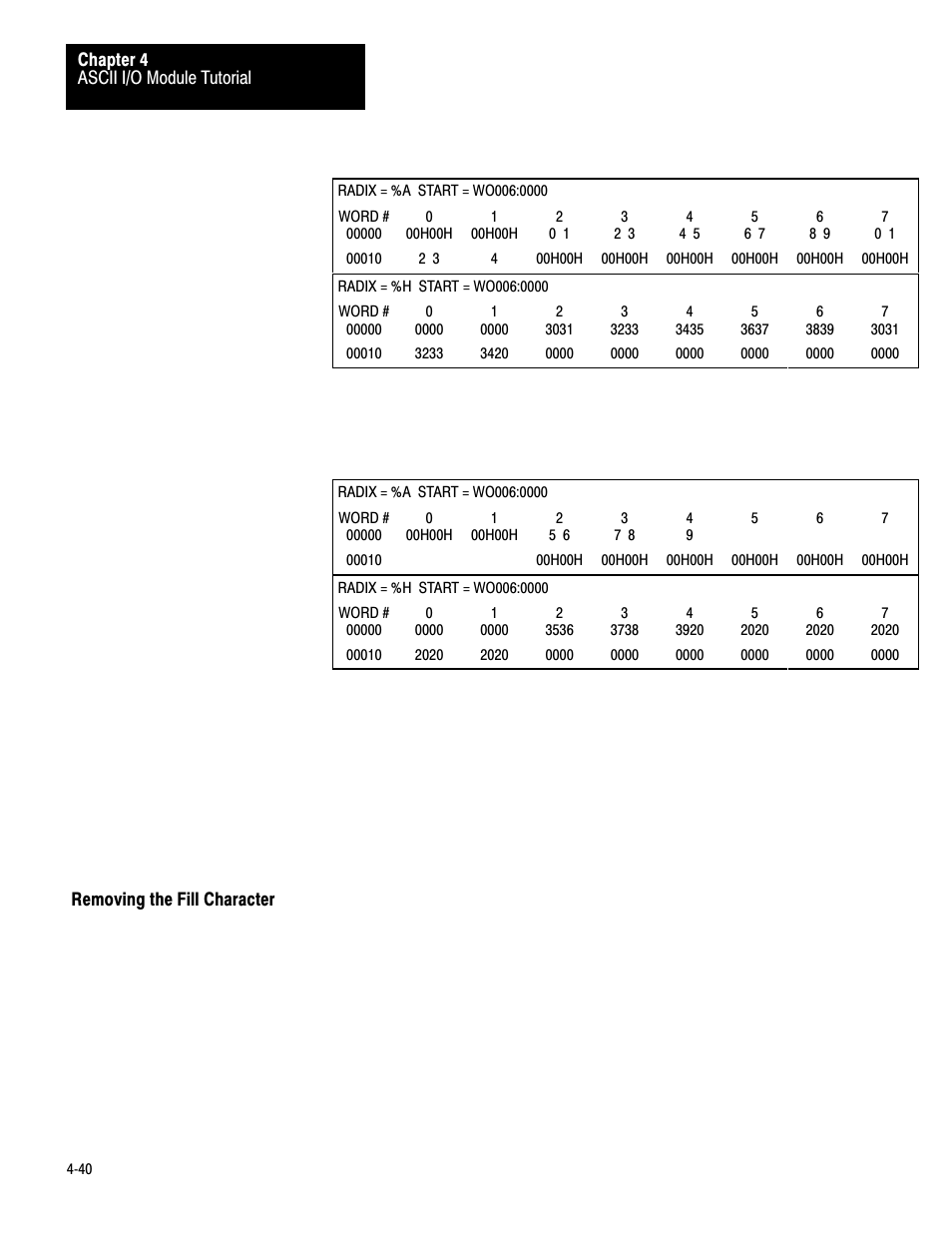 Removing the fill character, 4ć40 | Rockwell Automation 1771-DA,D17716.5.13 U MNL 1771-DA ASCII I/O MODULE User Manual | Page 114 / 262