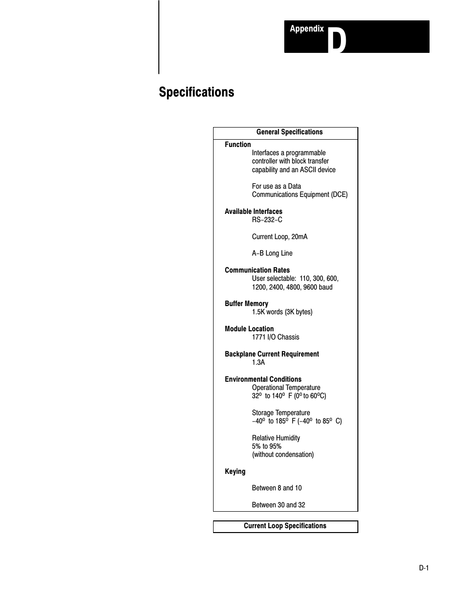 D - specifications, Specifications | Rockwell Automation 1771-DA,D17716.5.13 U MNL 1771-DA ASCII I/O MODULE User Manual | Page 257 / 262